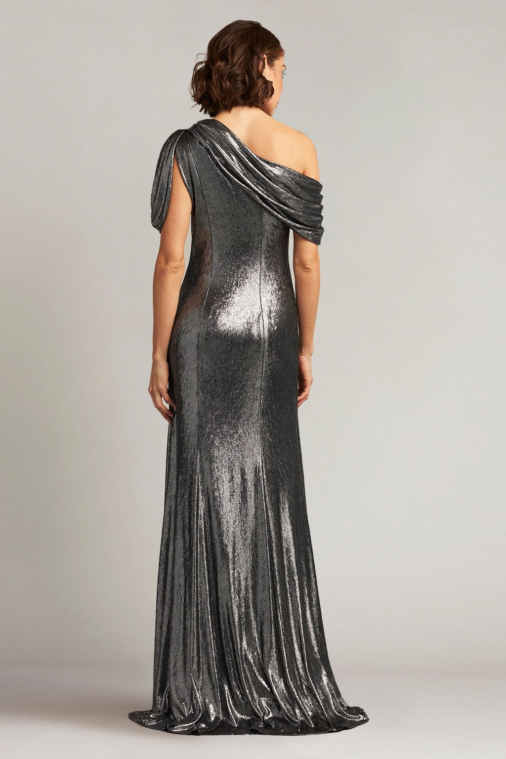 Copley Shoulder Drape Lamé Gown