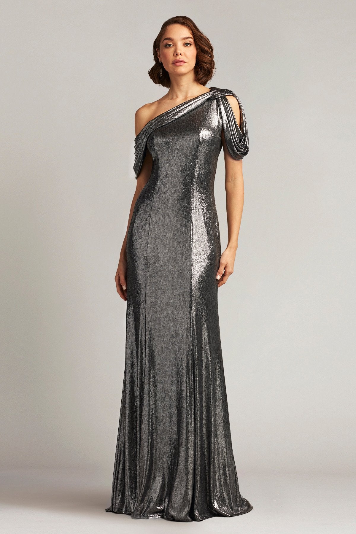 Copley Shoulder Drape Lamé Gown