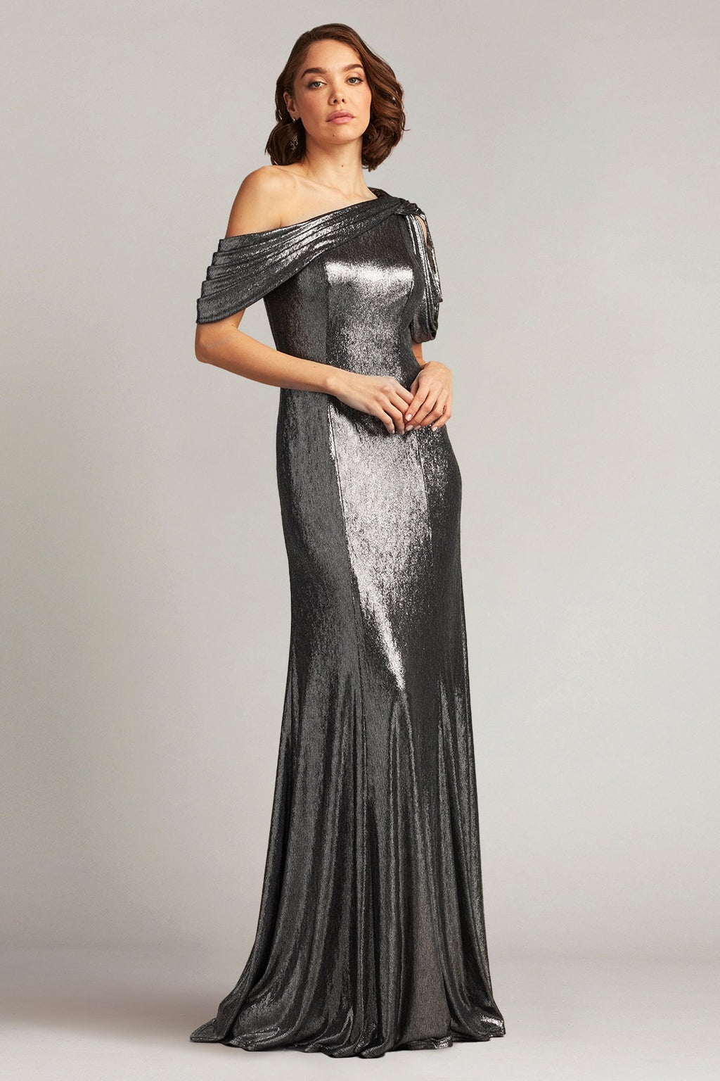 Copley Shoulder Drape Lamé Gown