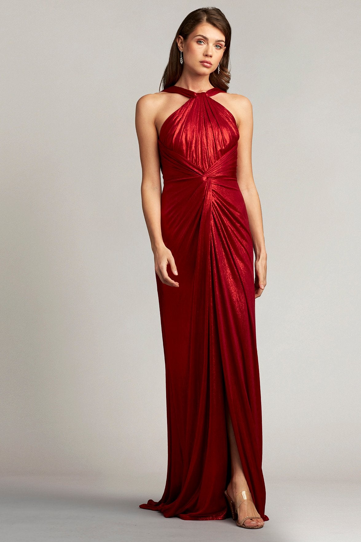 Ambrosia Draped Halter Lamé Gown