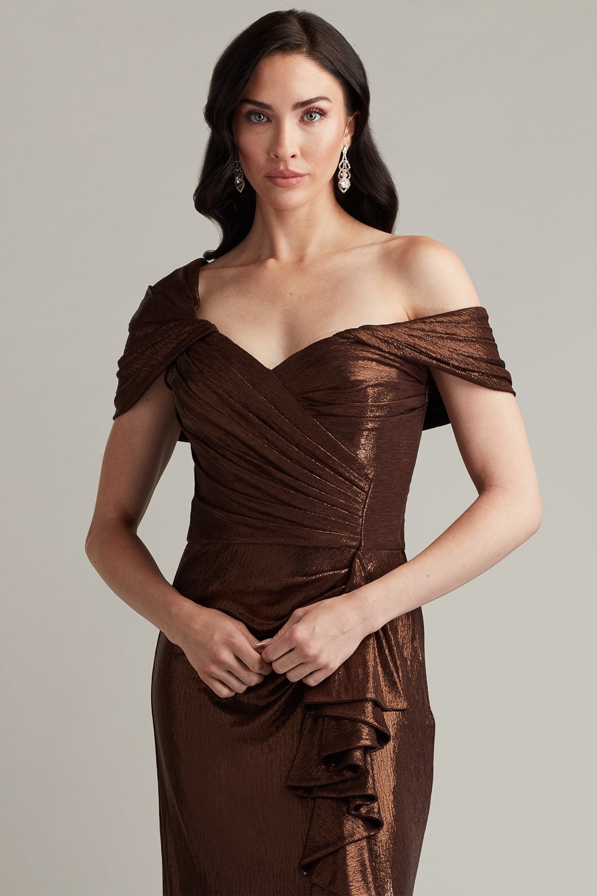 Drea Metallic Waterfall Flounce Gown