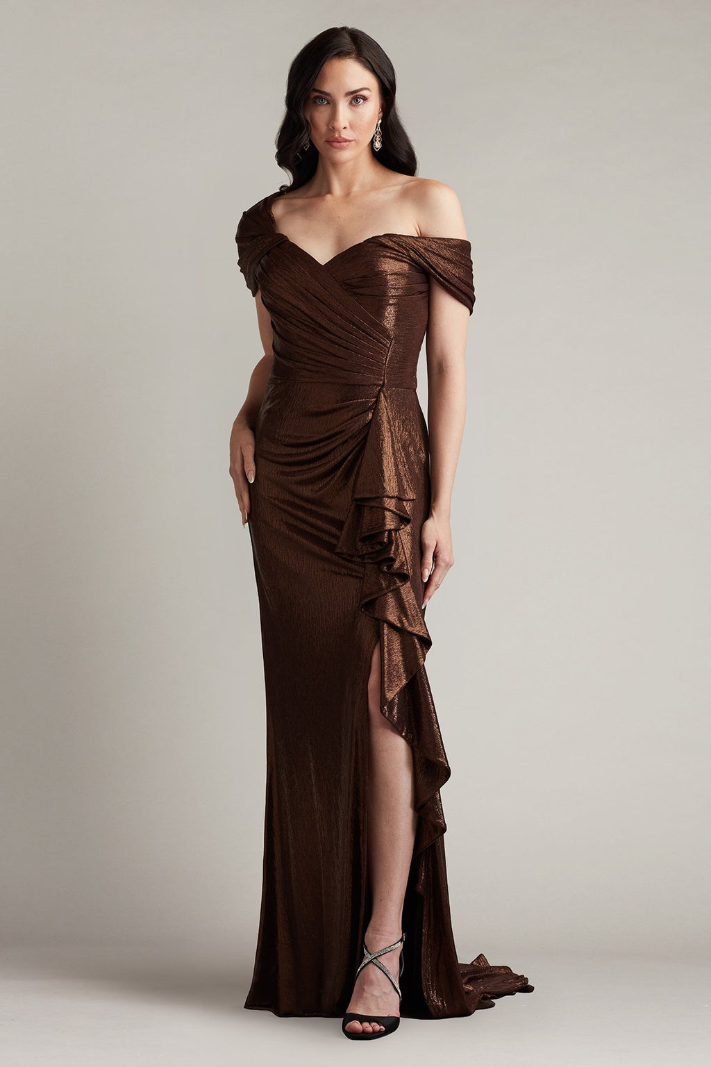 Drea Metallic Waterfall Flounce Gown