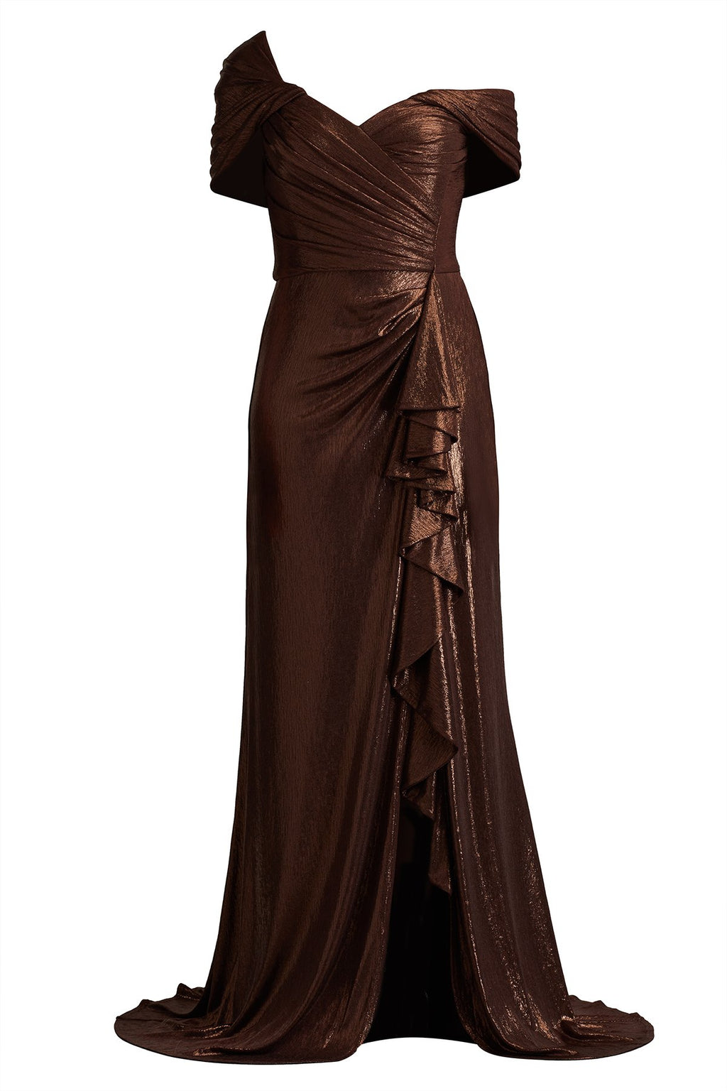 Drea Metallic Waterfall Flounce Gown
