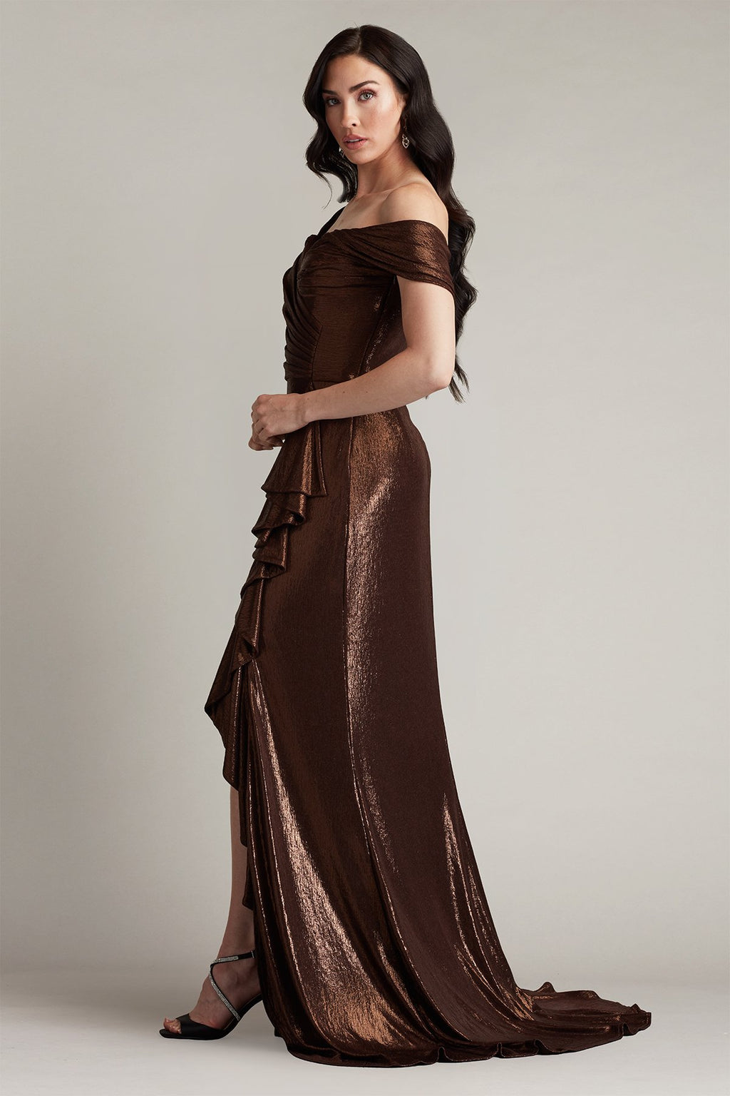 Drea Metallic Waterfall Flounce Gown