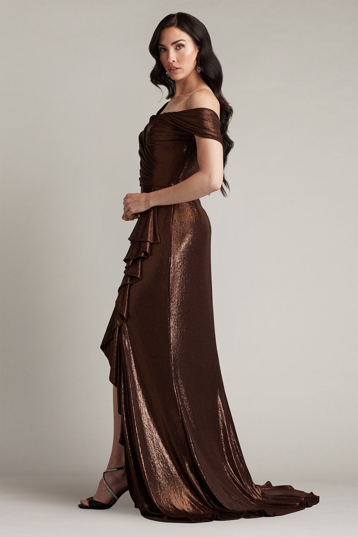 Drea Metallic Waterfall Flounce Gown