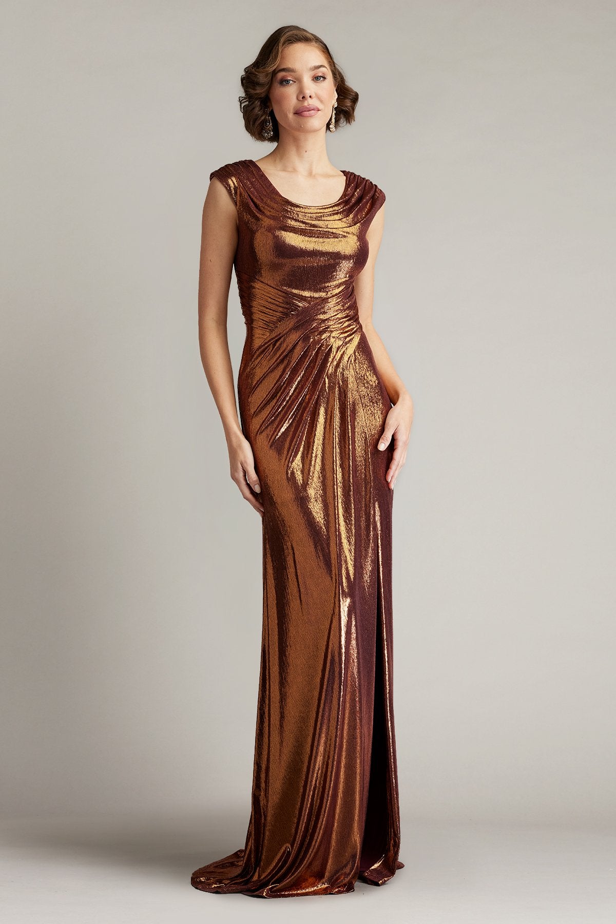 Houghton Metallic Crisscross Draped Gown