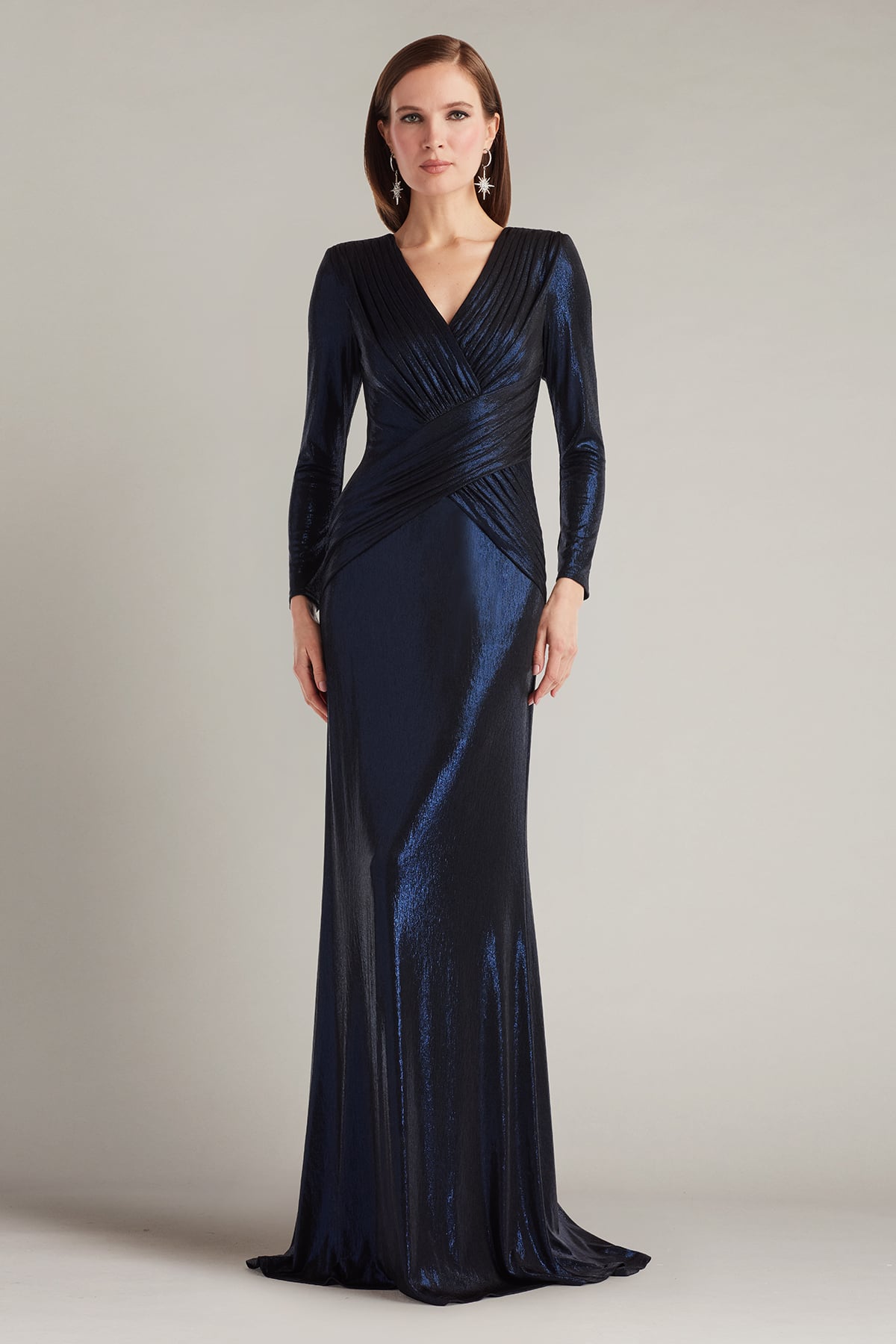Esau Metallic Crisscross Draped Gown – Tadashi Shoji Official