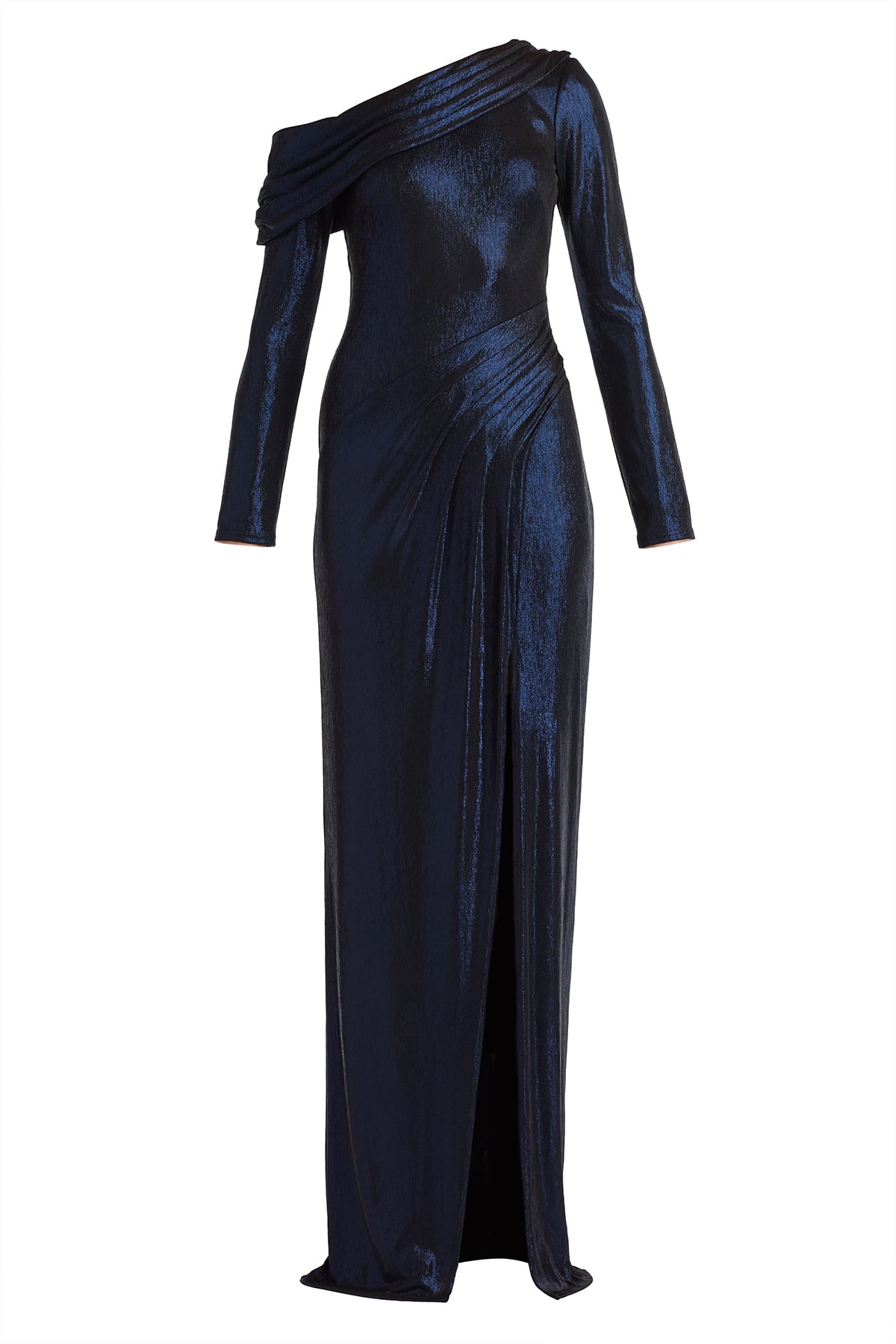 tadashi shoji metallic dress Tadashi Shoji Ruched Off-Shoulder Metallic Jersey Gown