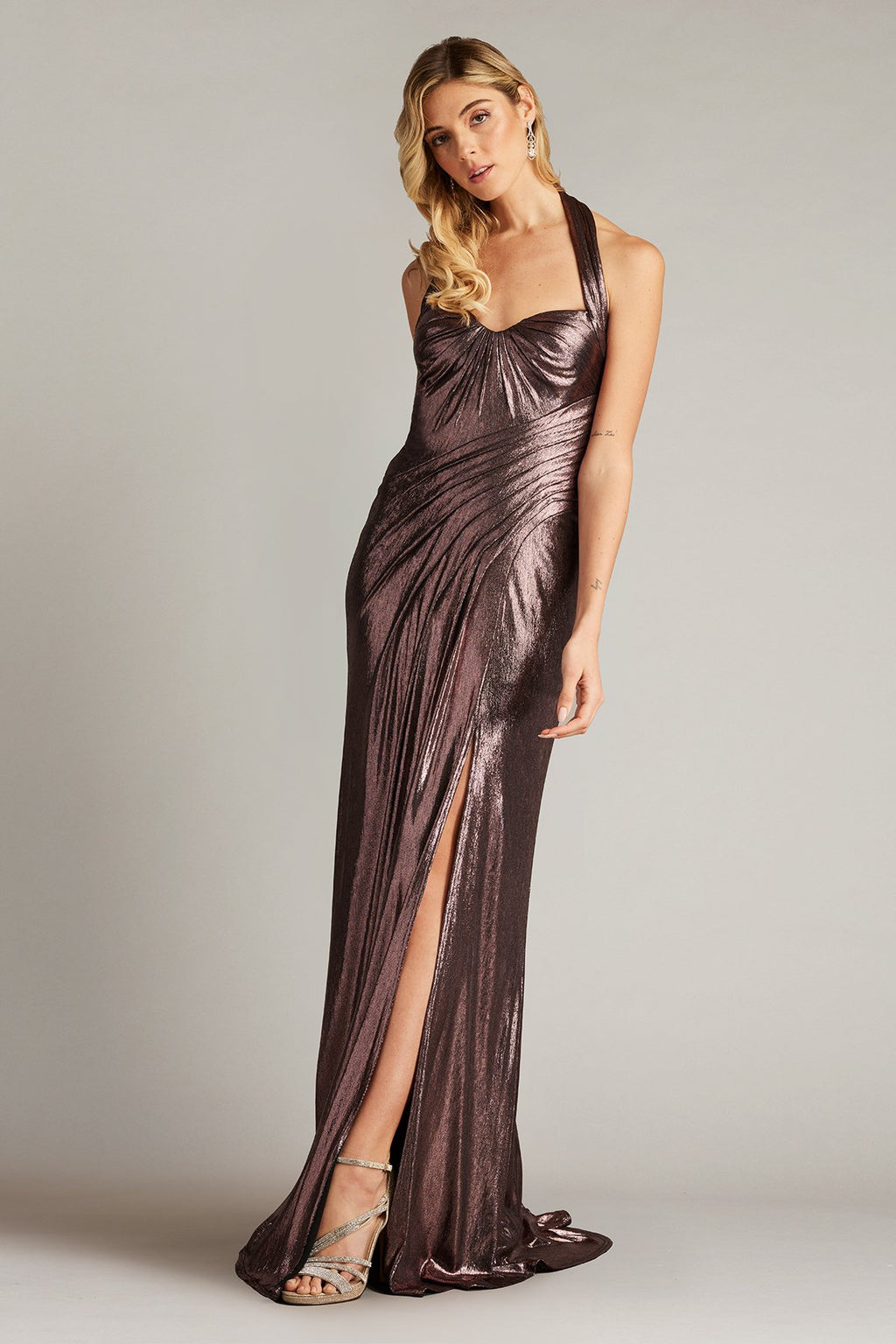 rose gold metallic long dress Gita Draped Metallic Halter Gown – Tadashi Shoji Official Online Boutique