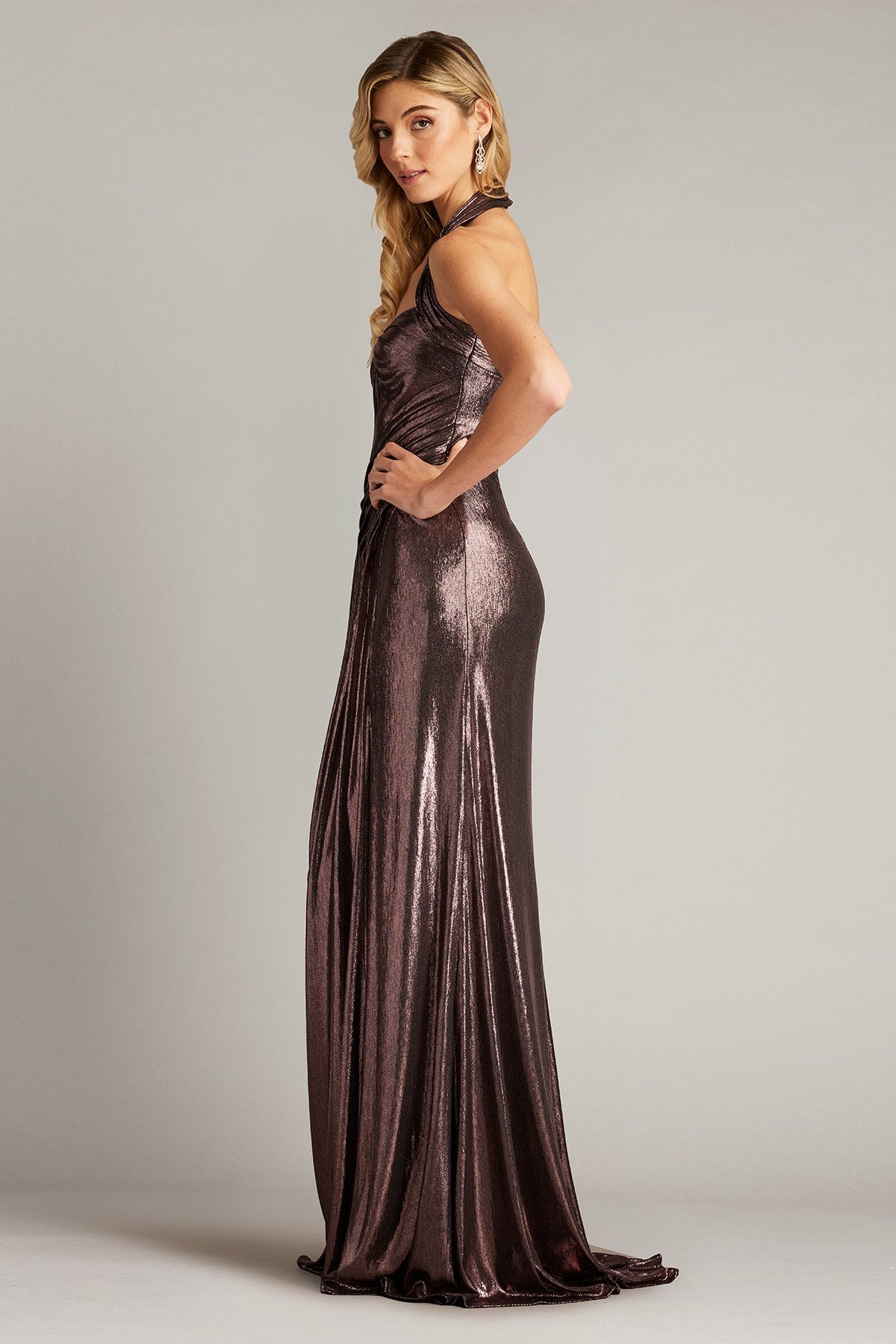 Gita Draped Metallic Halter Gown – Tadashi Shoji Official Online Boutique