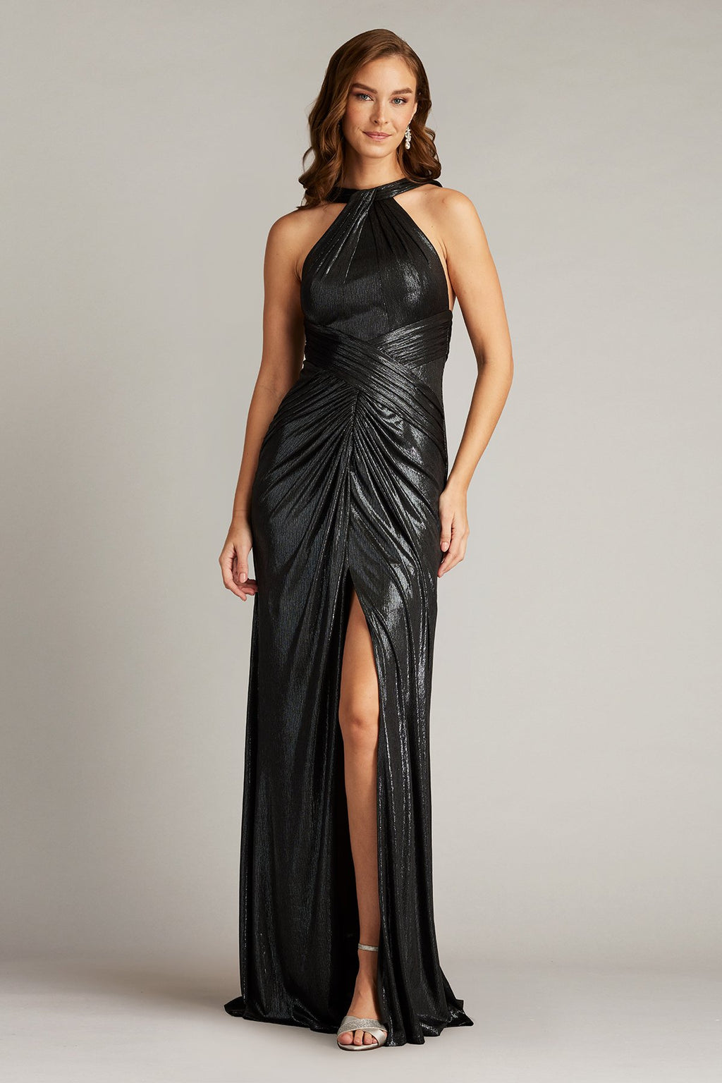 Carlini Draped Metallic Halter Gown