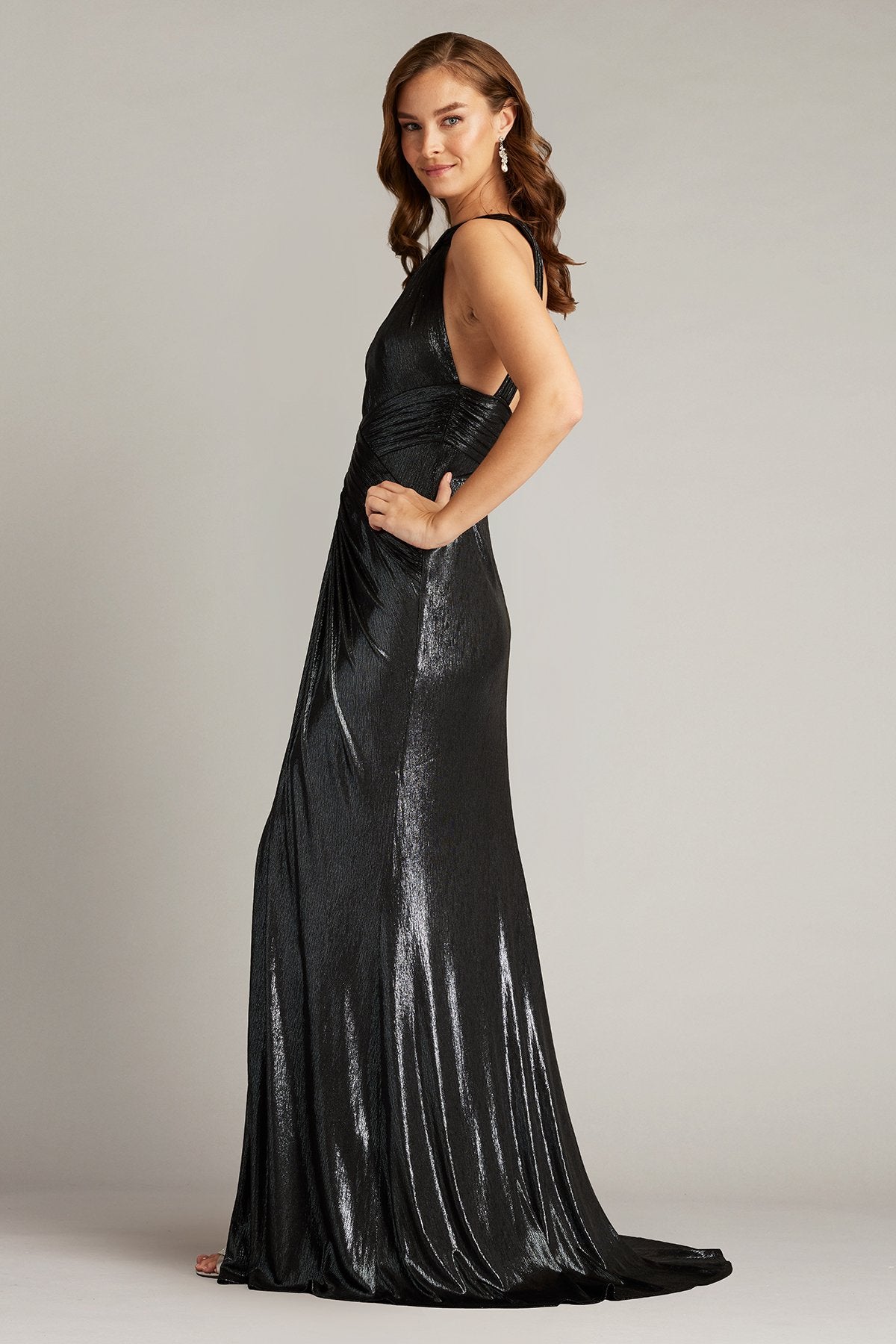 Carlini Draped Metallic Halter Gown