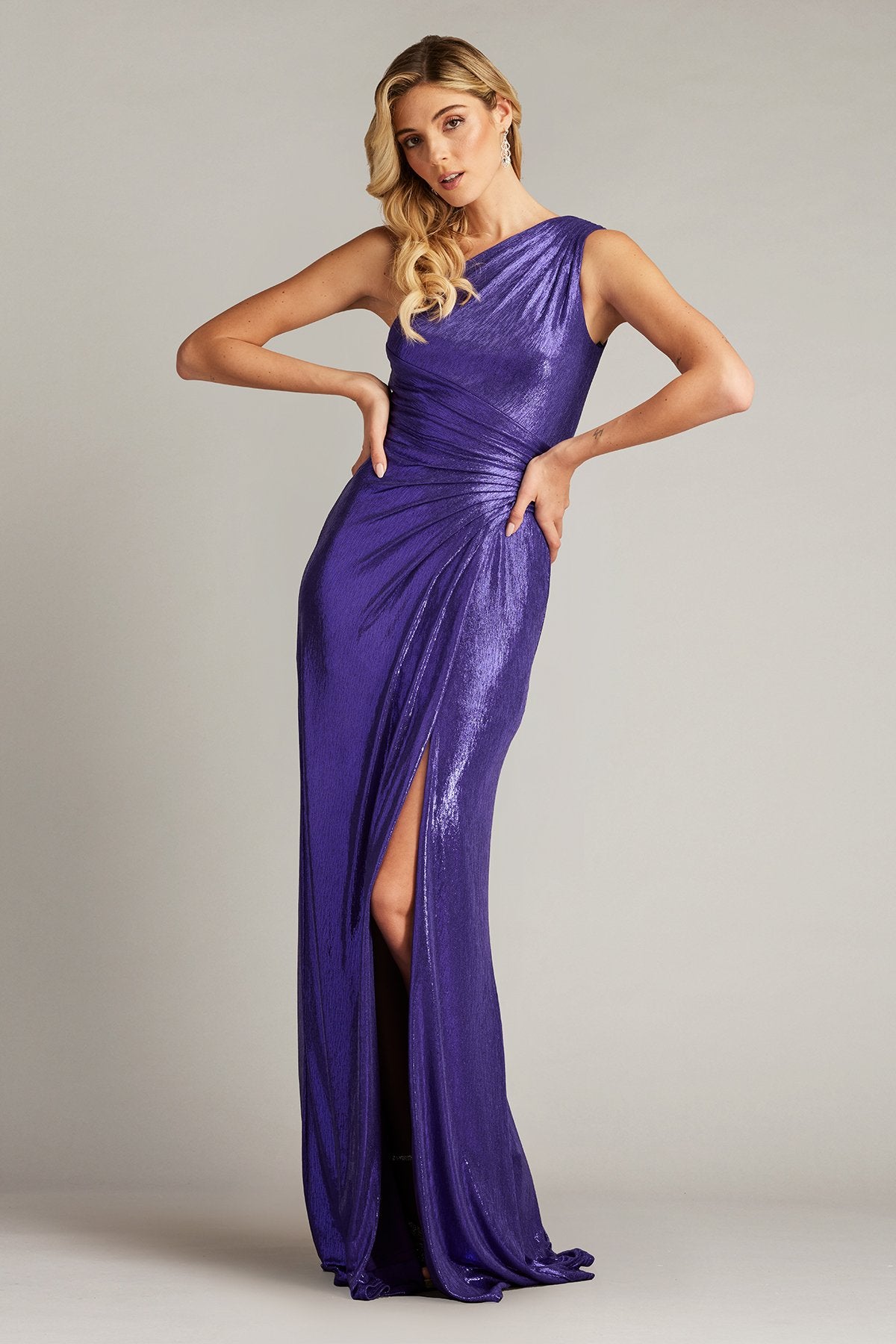 Gaelia One Shoulder Draped Metallic Gown