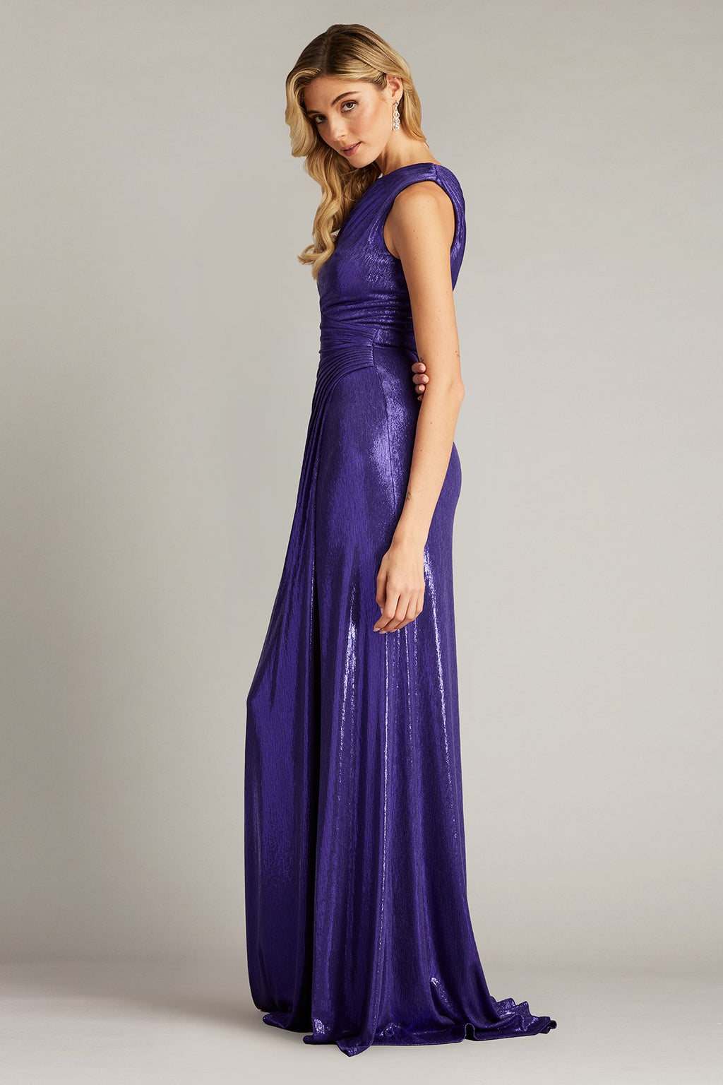 Gaelia One Shoulder Draped Metallic Gown
