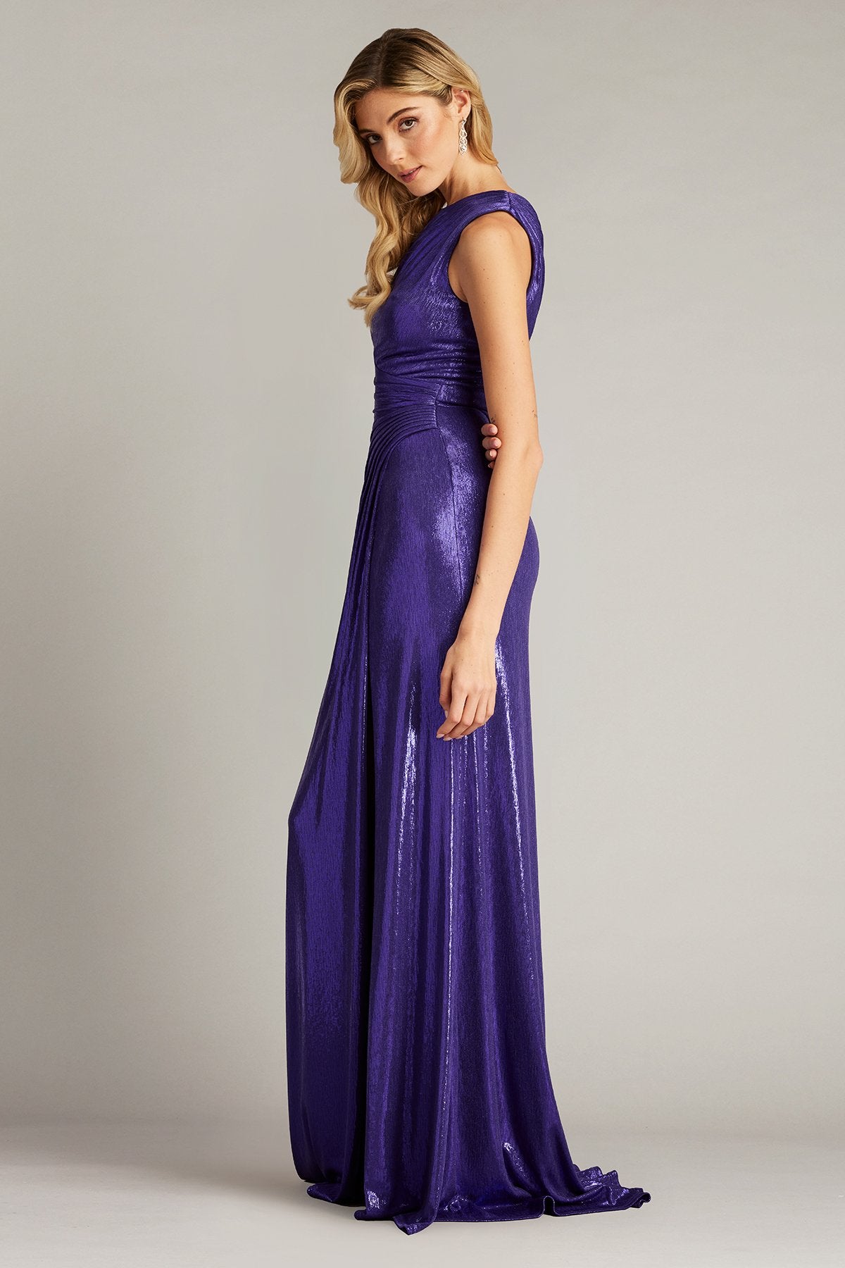 Gaelia One Shoulder Draped Metallic Gown