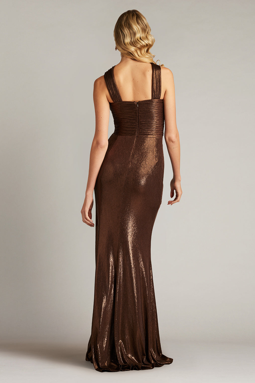 Jessa Metallic Crisscross Draped Halter Gown