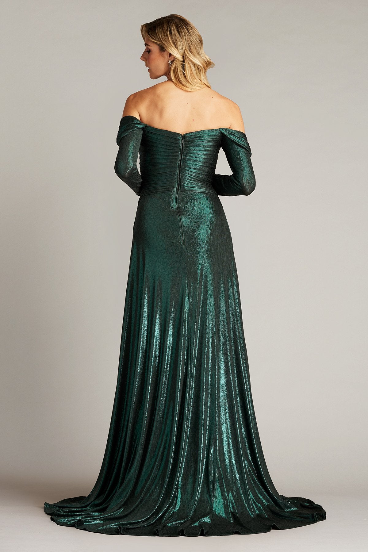 Alysia Off-Shoulder Pleated Drape Metallic Gown