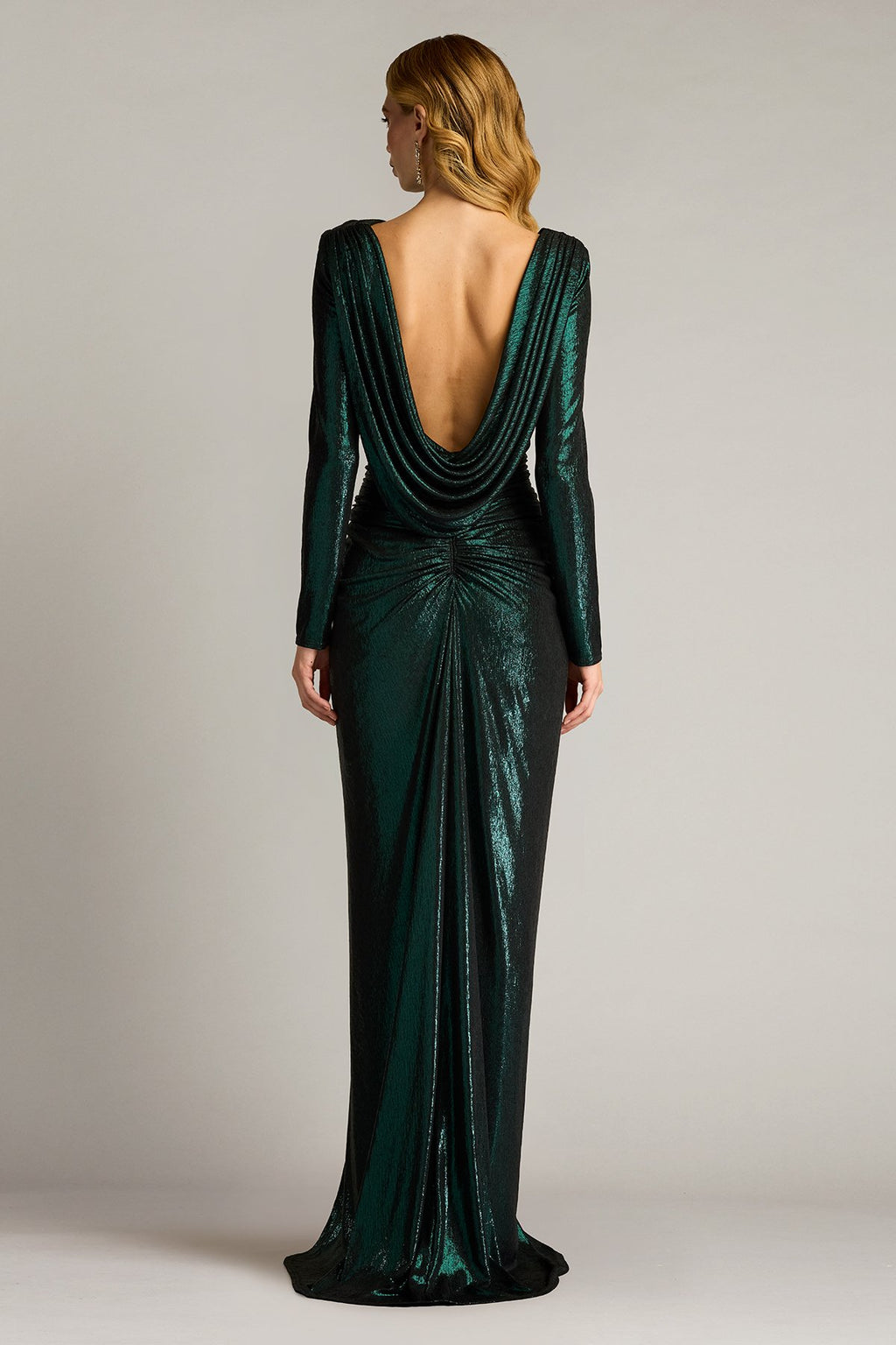 Zina Metallic Draped Cowl Back Gown