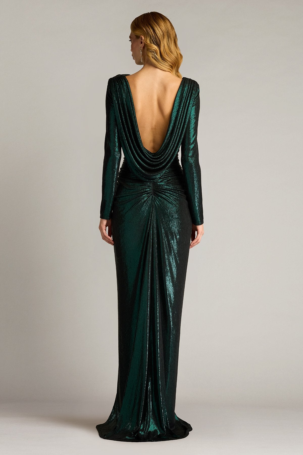 Zina Metallic Draped Cowl Back Gown