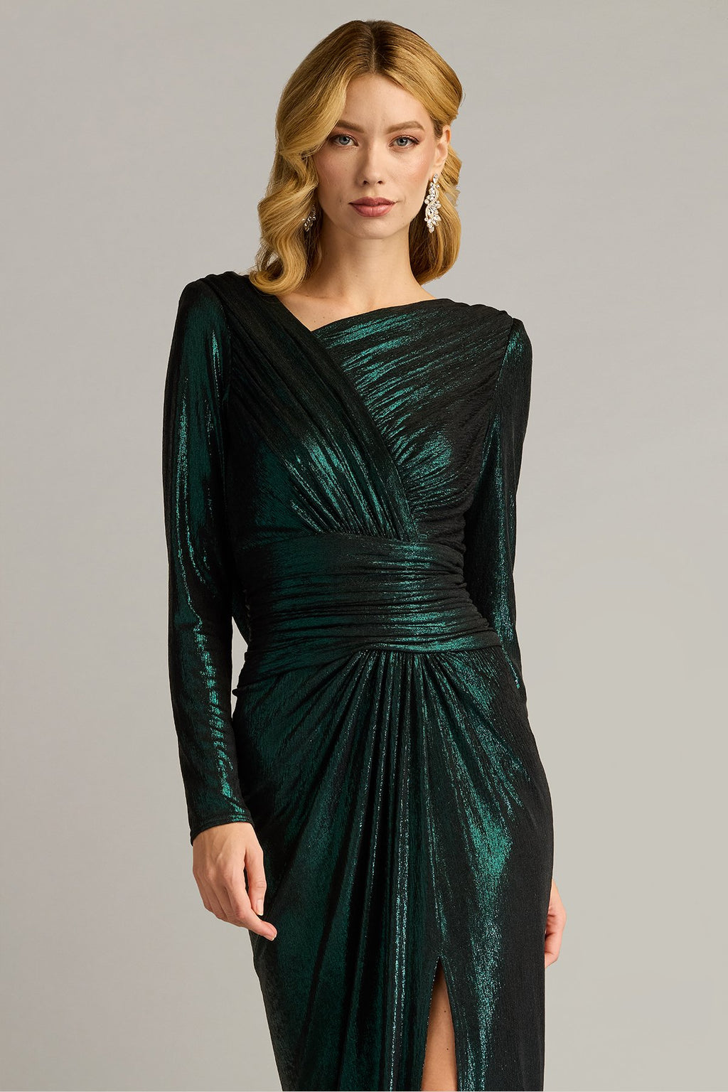 Zina Metallic Draped Cowl Back Gown