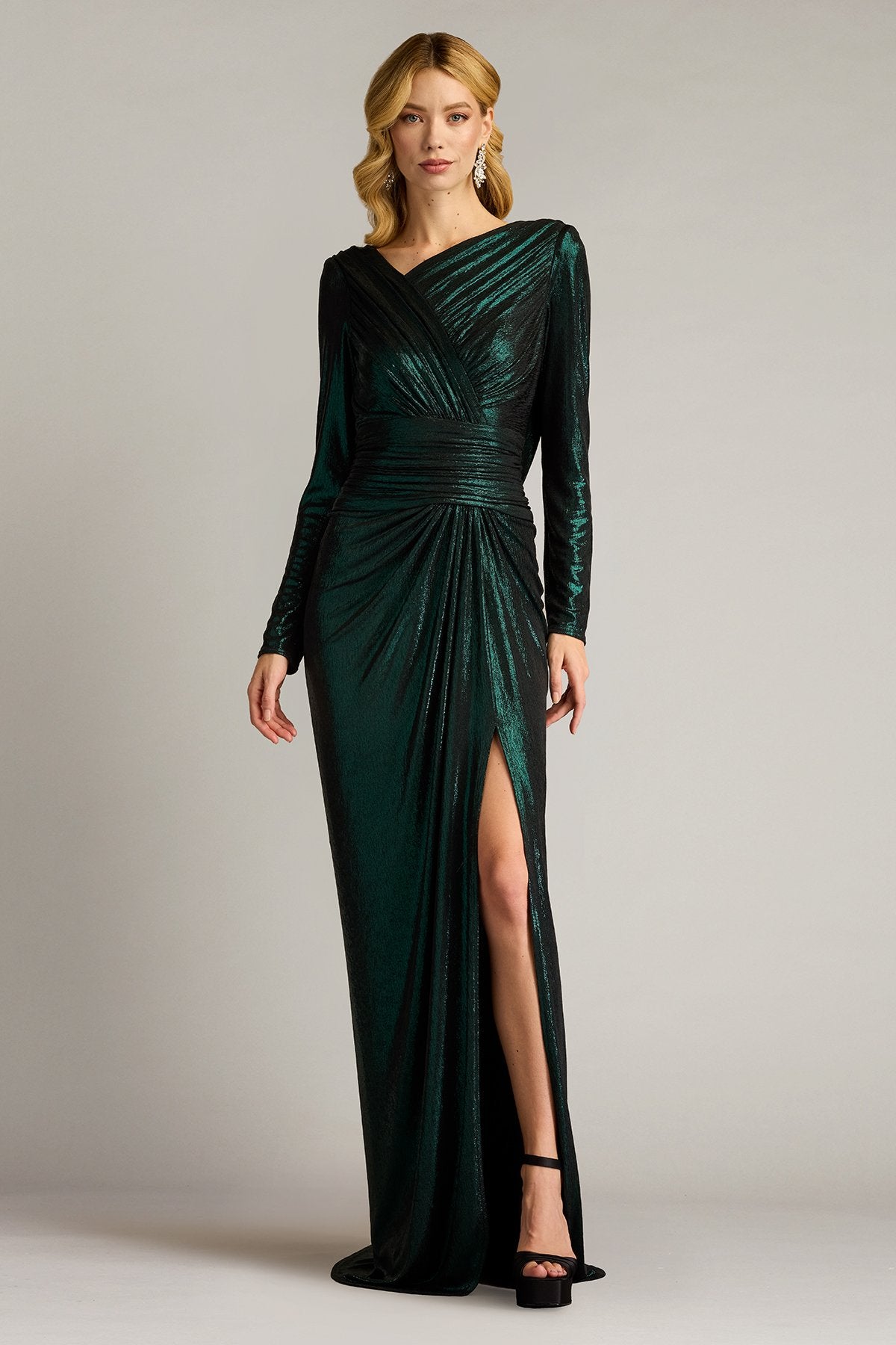 Zina Metallic Draped Cowl Back Gown