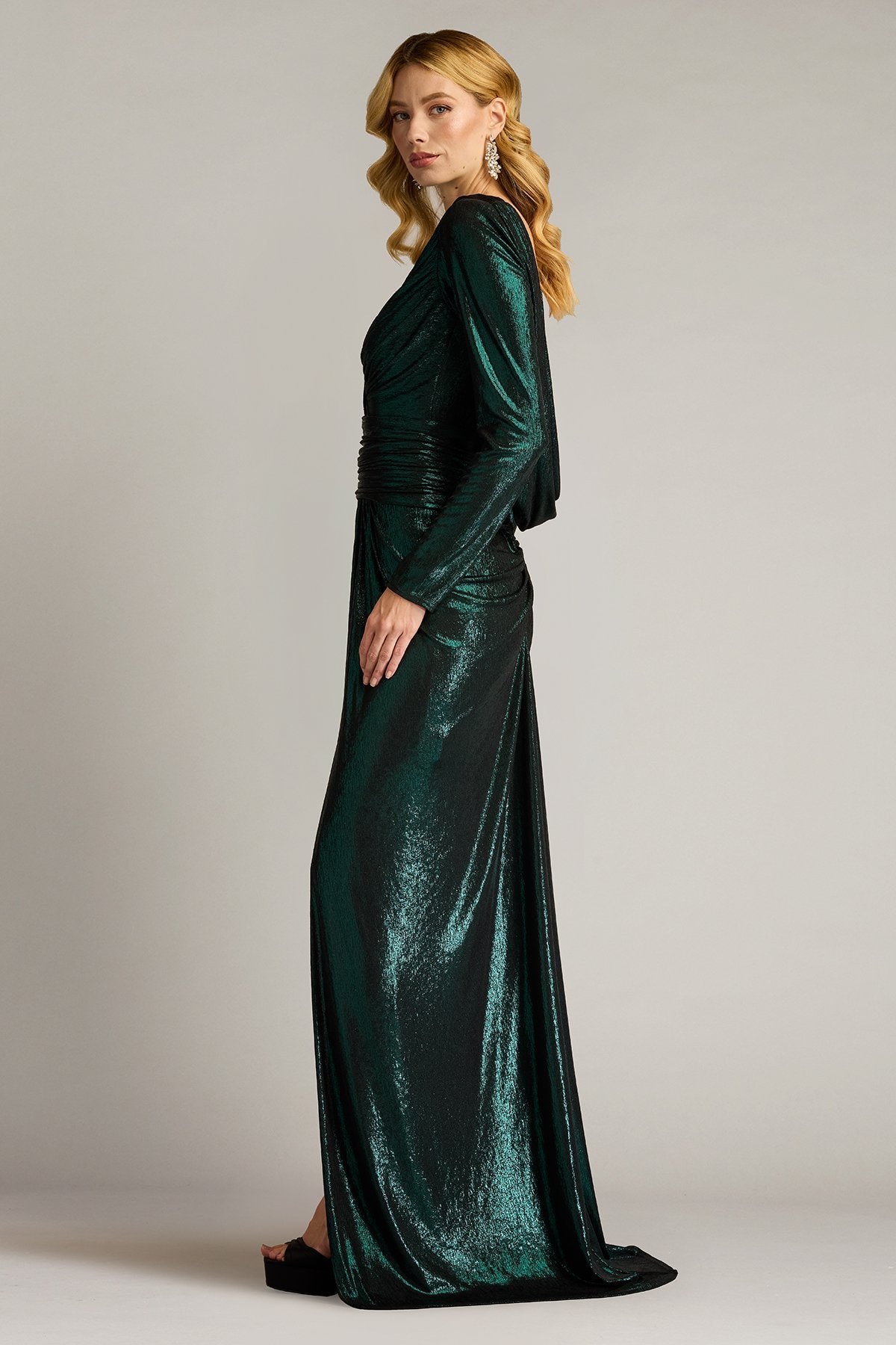 Zina Metallic Draped Cowl Back Gown
