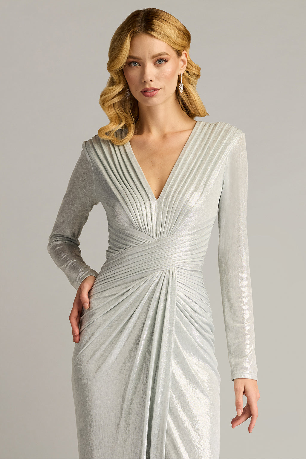 Jonise Metallic Pleated Draped Gown