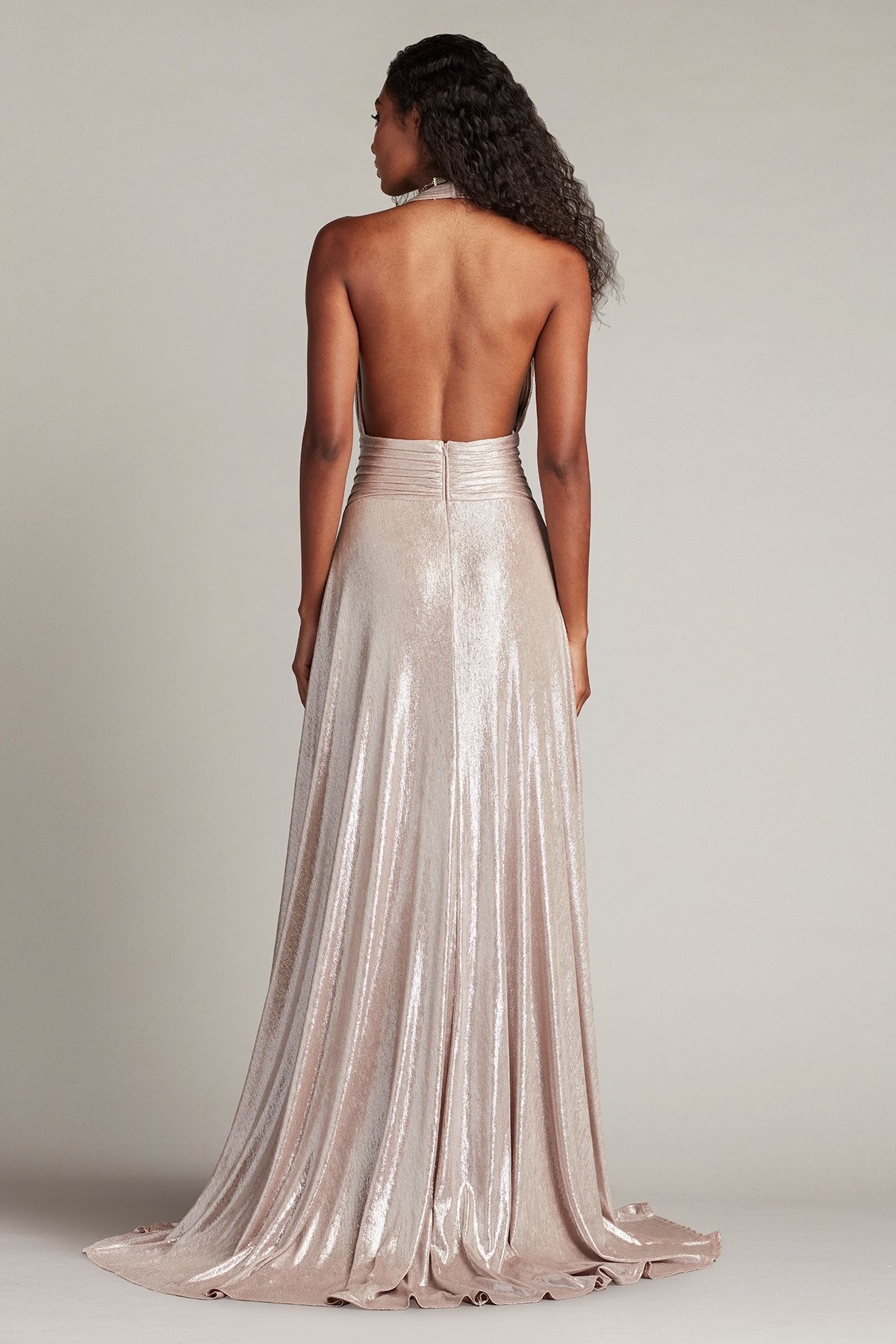 Zarelle Pleated Metallic Halter Gown