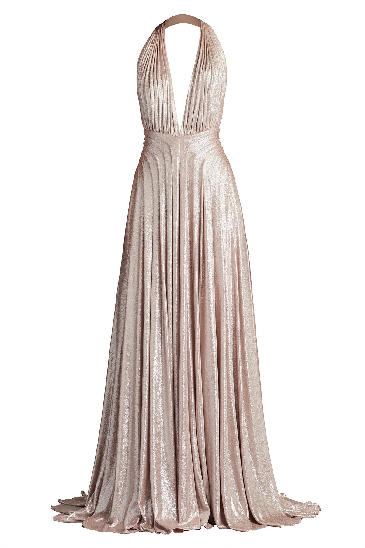 Zarelle Pleated Metallic Halter Gown