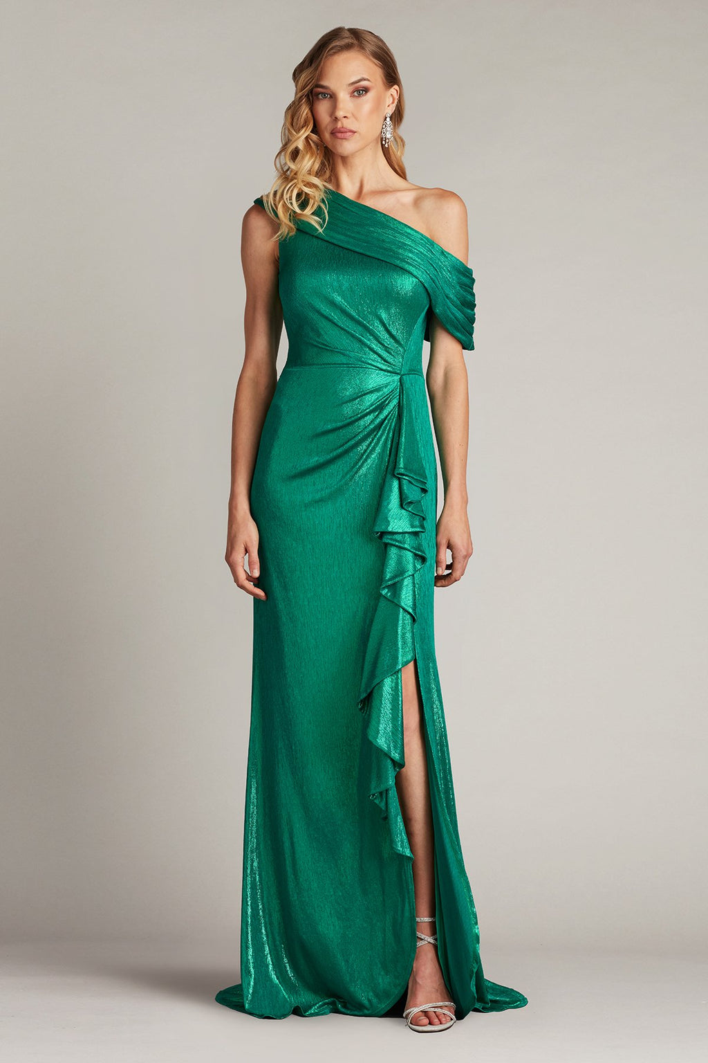 Boise Metallic Waterfall Flounce Gown