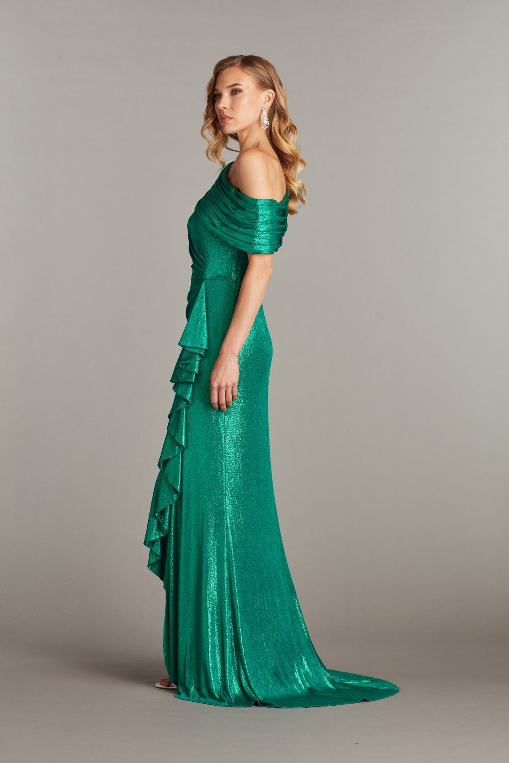 Boise Metallic Waterfall Flounce Gown
