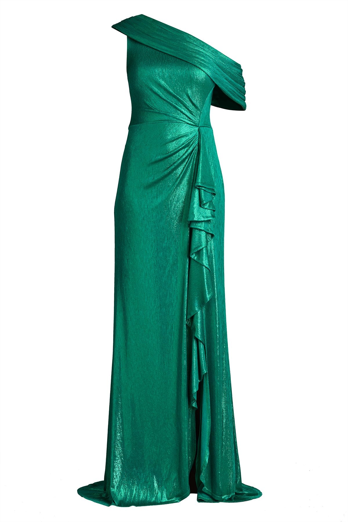 Boise Metallic Waterfall Flounce Gown