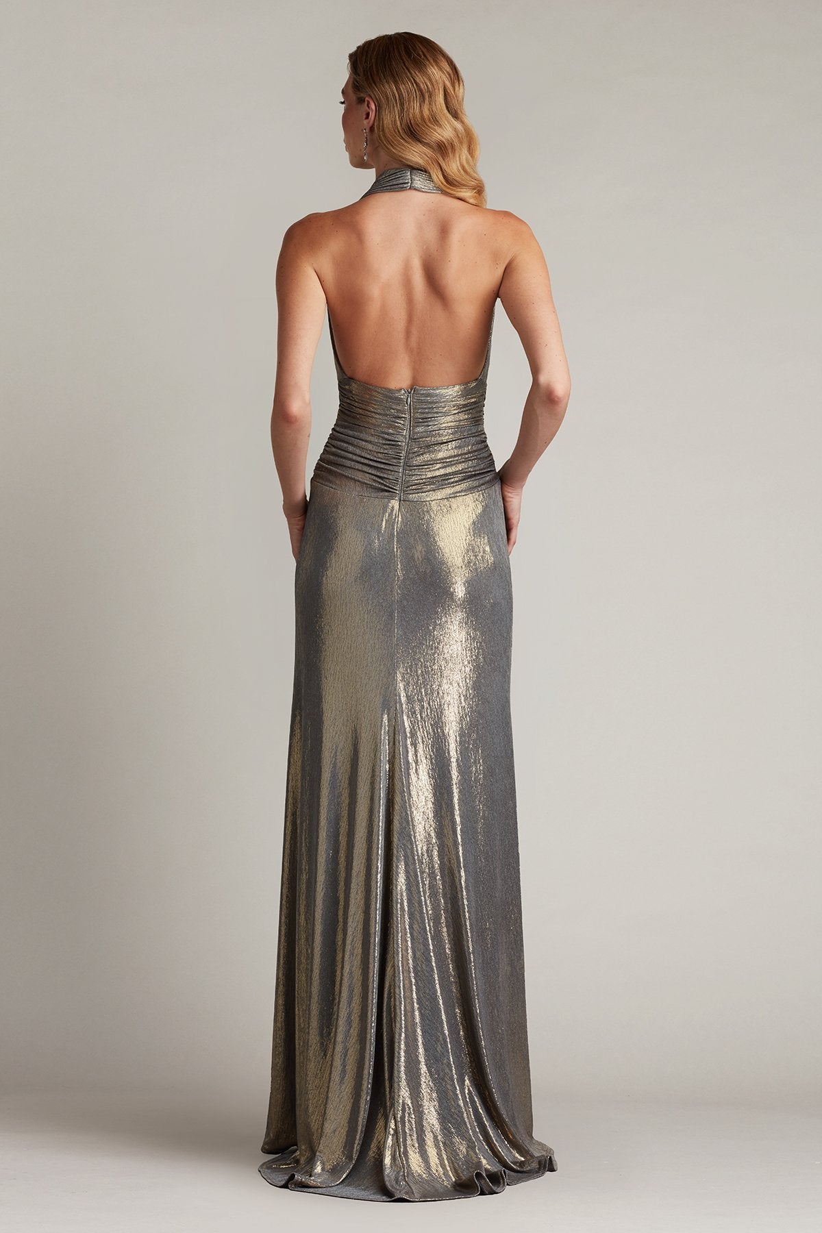 Mona Pleated Metallic Halter Gown