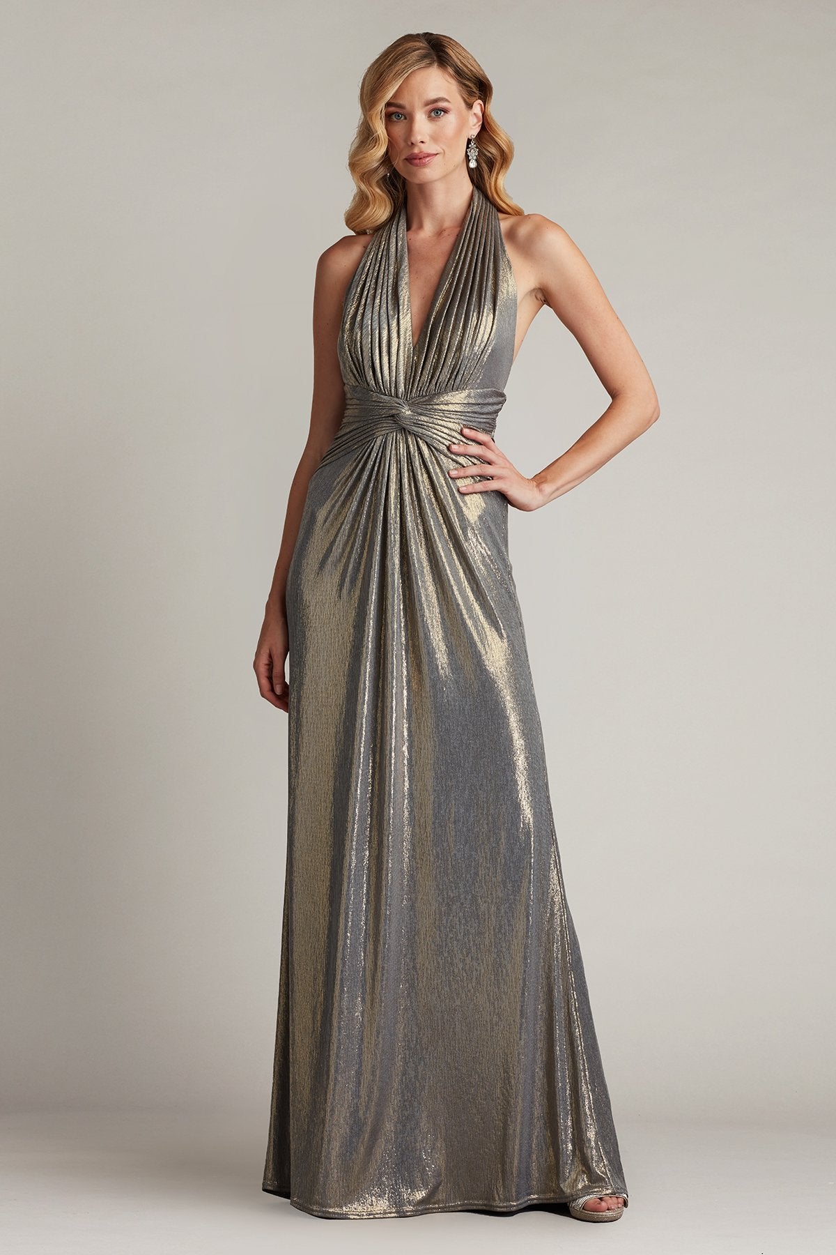 Mona Pleated Metallic Halter Gown