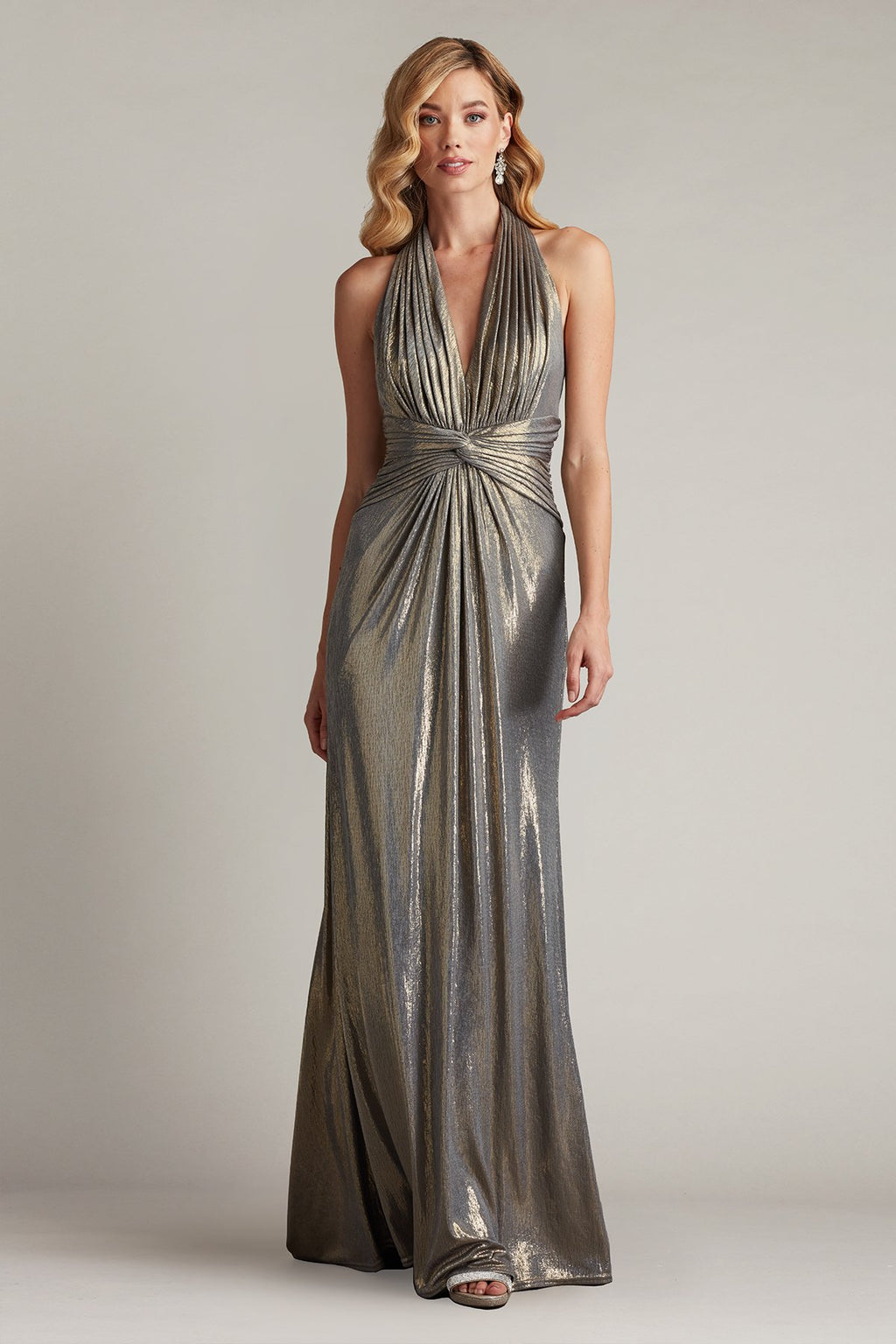 Mona Pleated Metallic Halter Gown