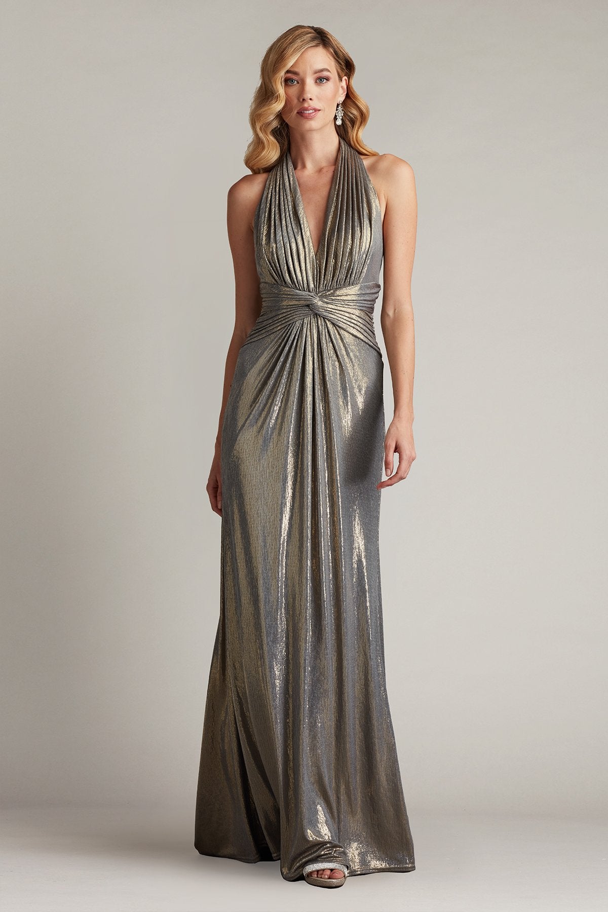 Mona Pleated Metallic Halter Gown