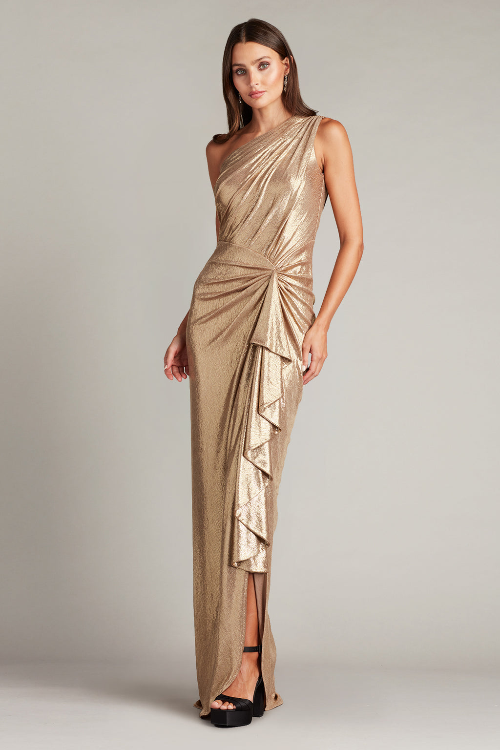 Trace Waterfall Drape One-Shoulder Gown