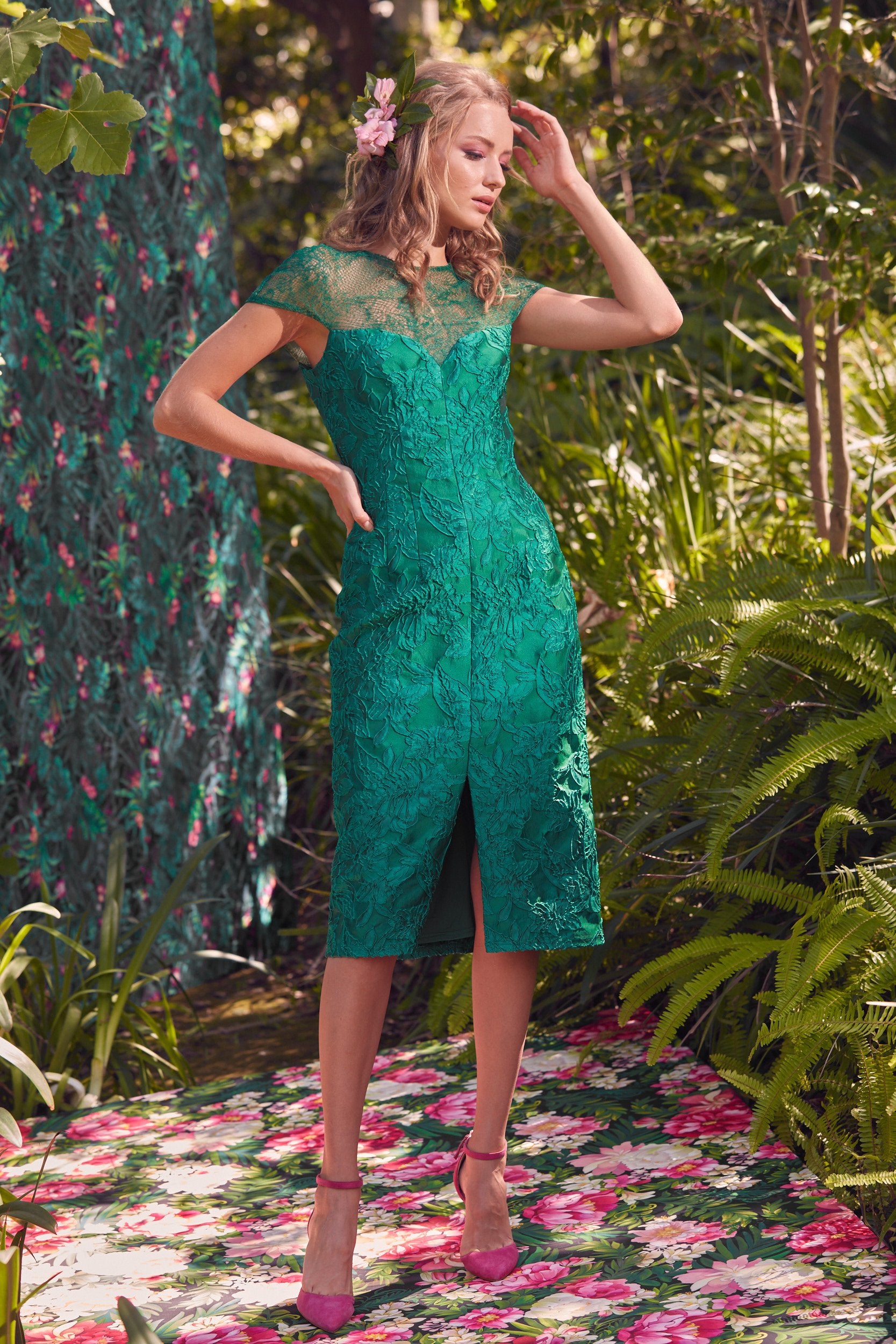 jacquard a line dress in green Army Green Jacquard Satin A-Line Mother of Bride Dress main image 1
