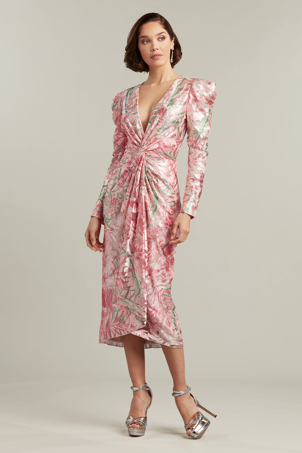 Charise Draped Puff-Sleeve Midi Dress