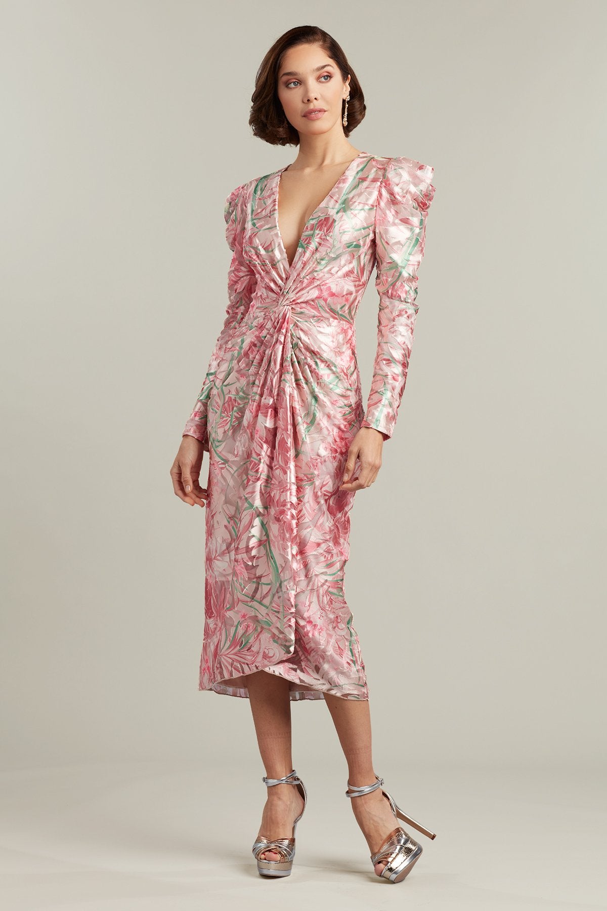 Charise Draped Puff-Sleeve Midi Dress