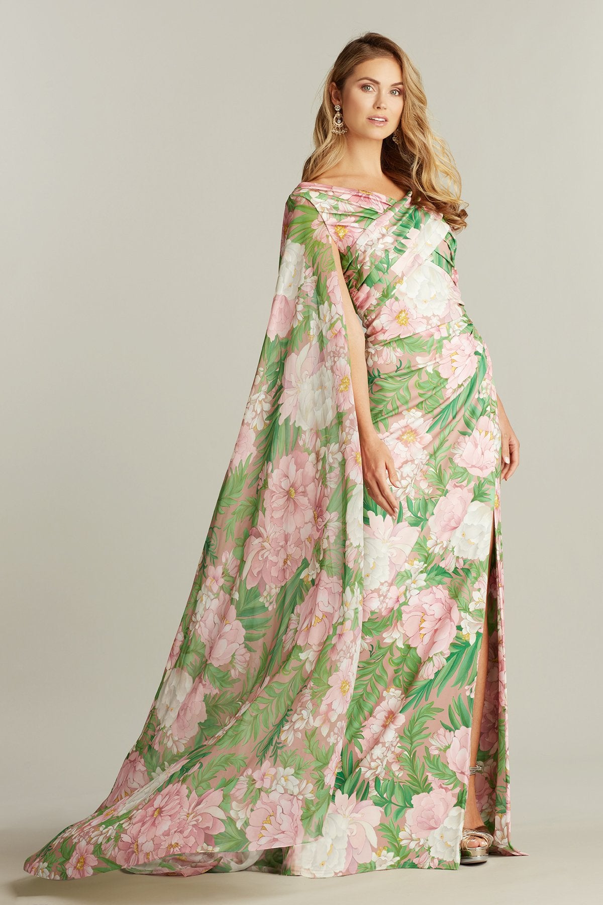 Wyeth Cape Sleeve Floral Print Gown