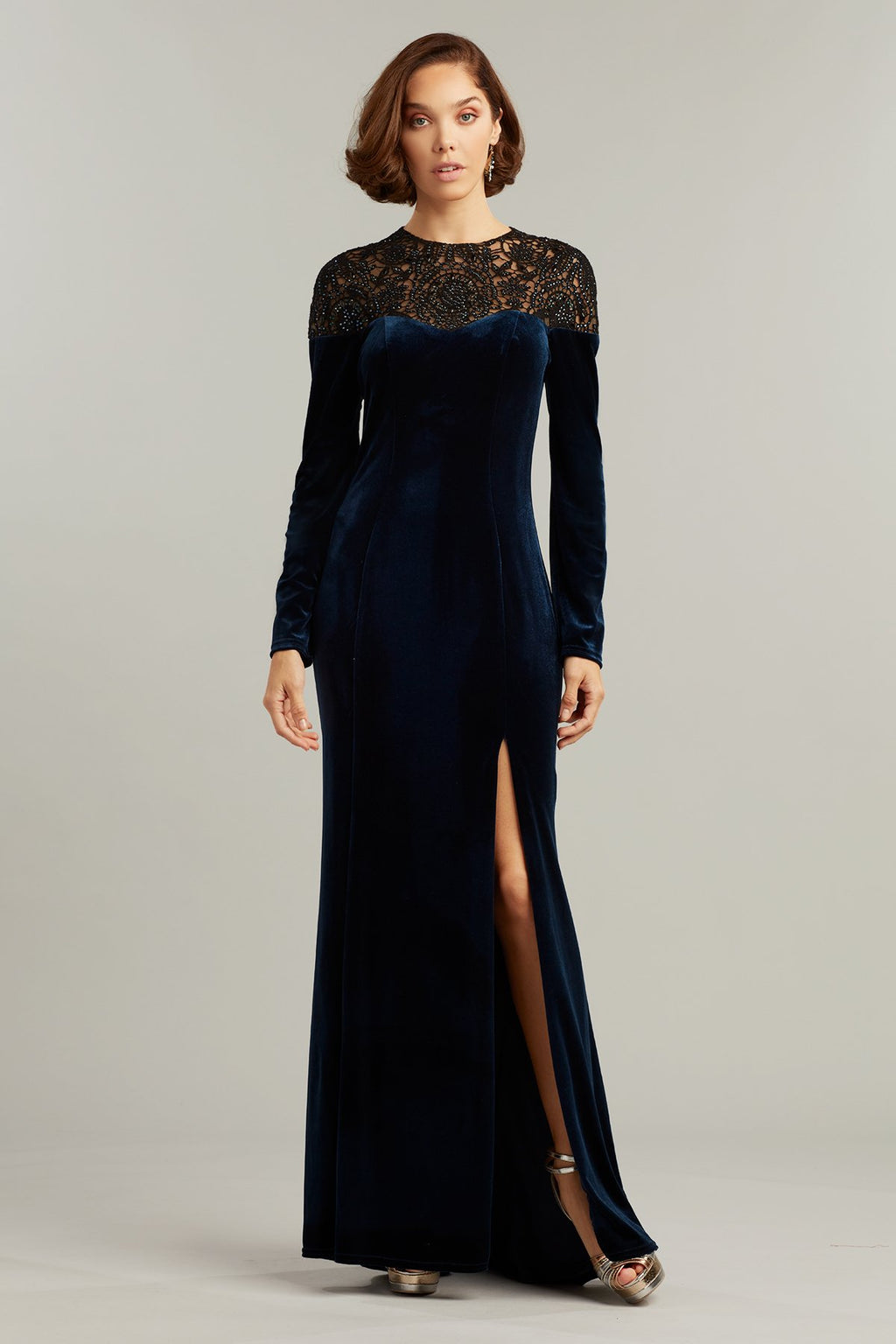 Wallace Beaded Illusion Velvet Gown