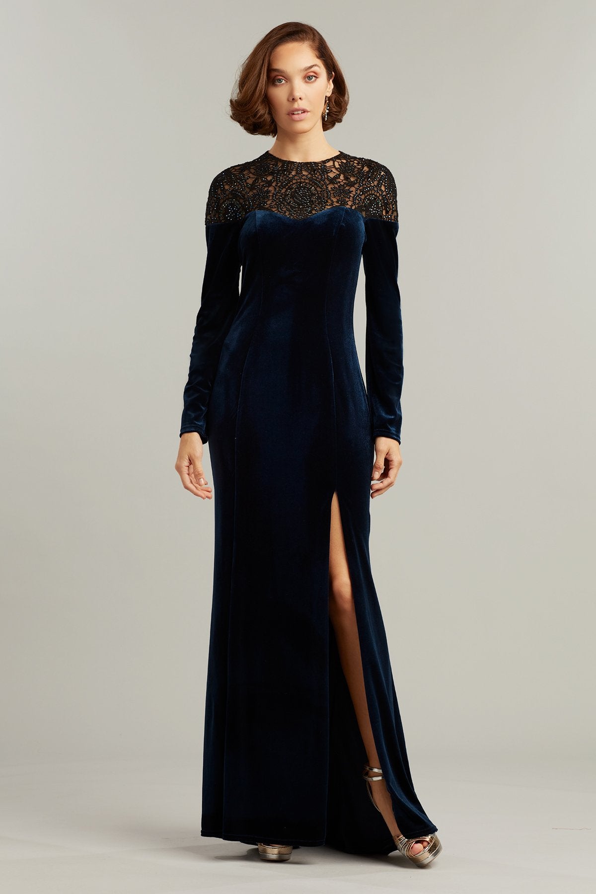 Wallace Beaded Illusion Velvet Gown