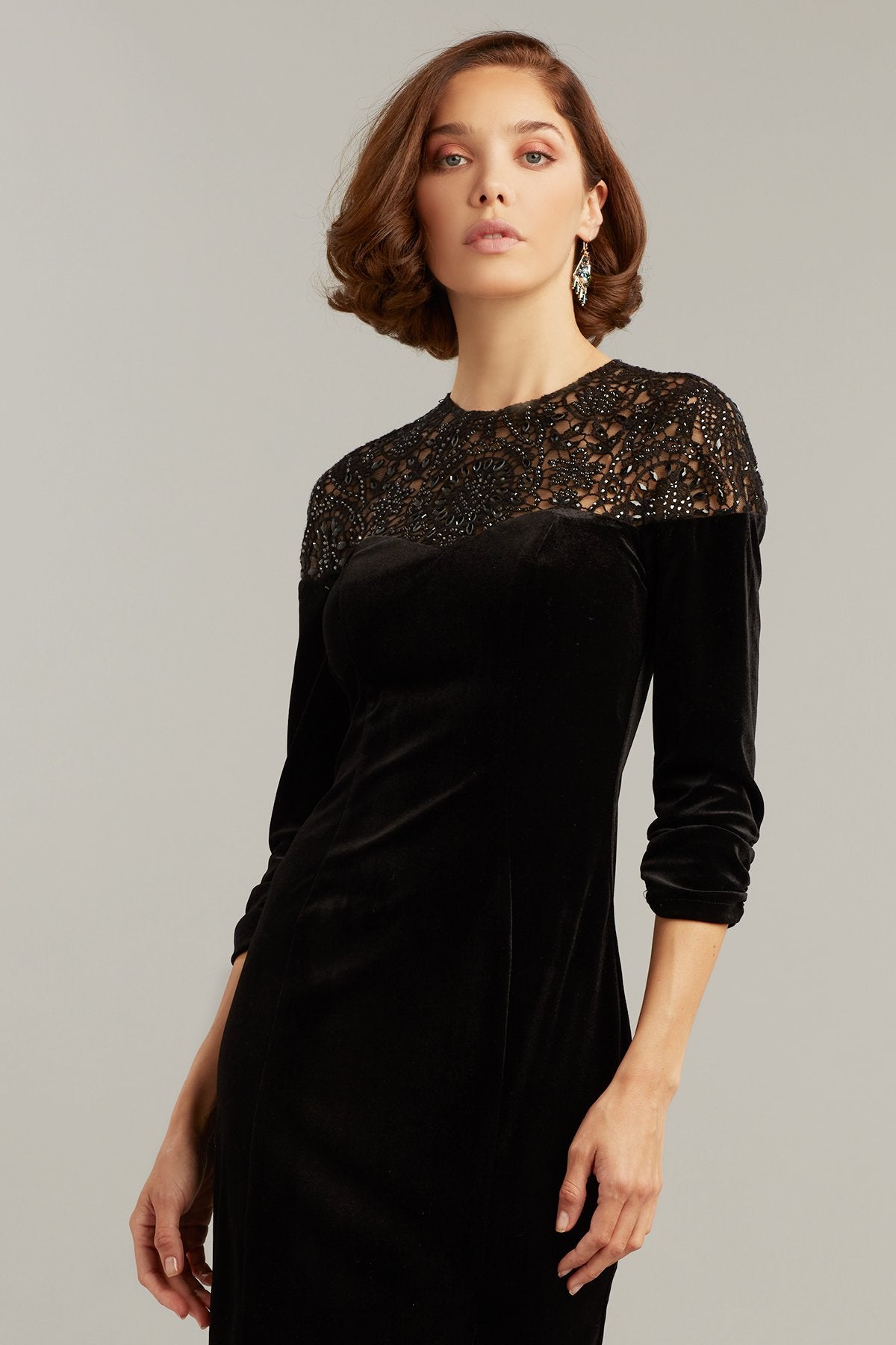 Wallace Beaded Illusion Velvet Dress