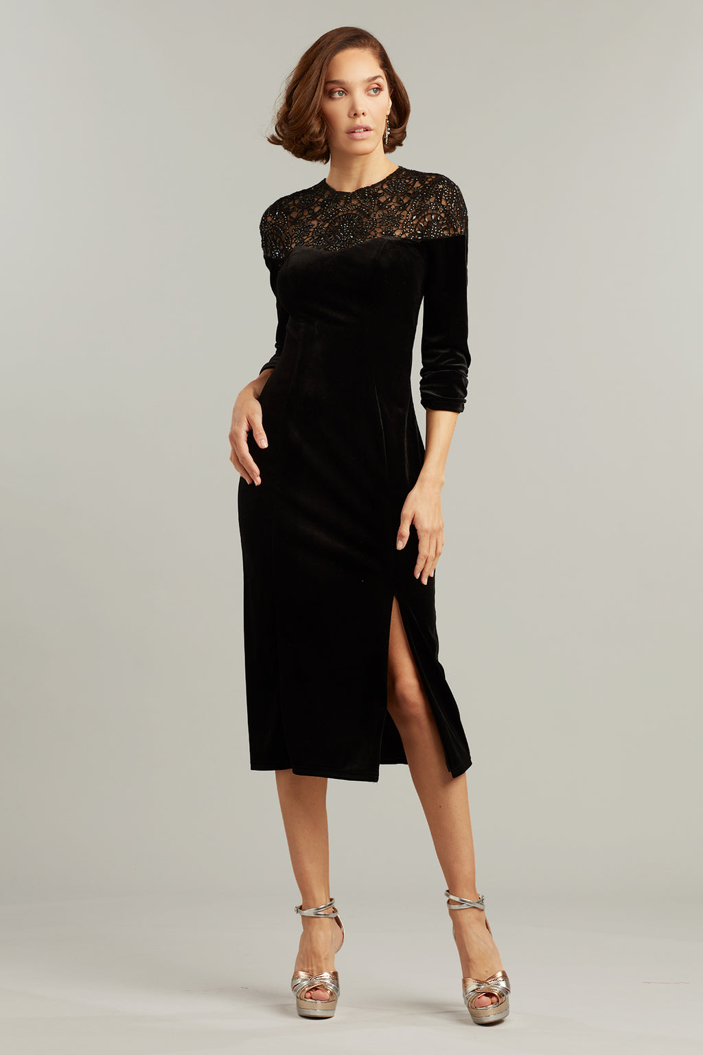 Wallace Beaded Illusion Velvet Dress