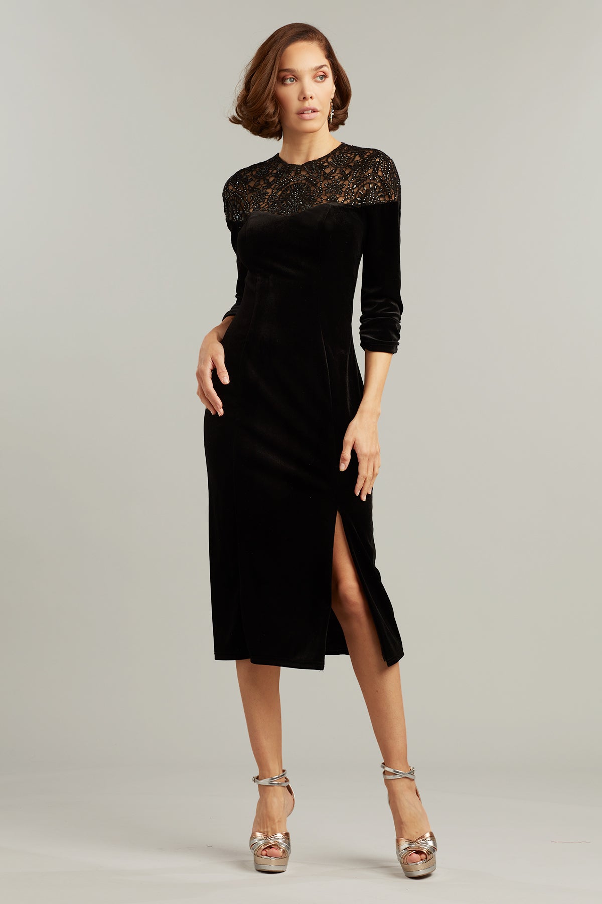 Wallace Beaded Illusion Velvet Dress