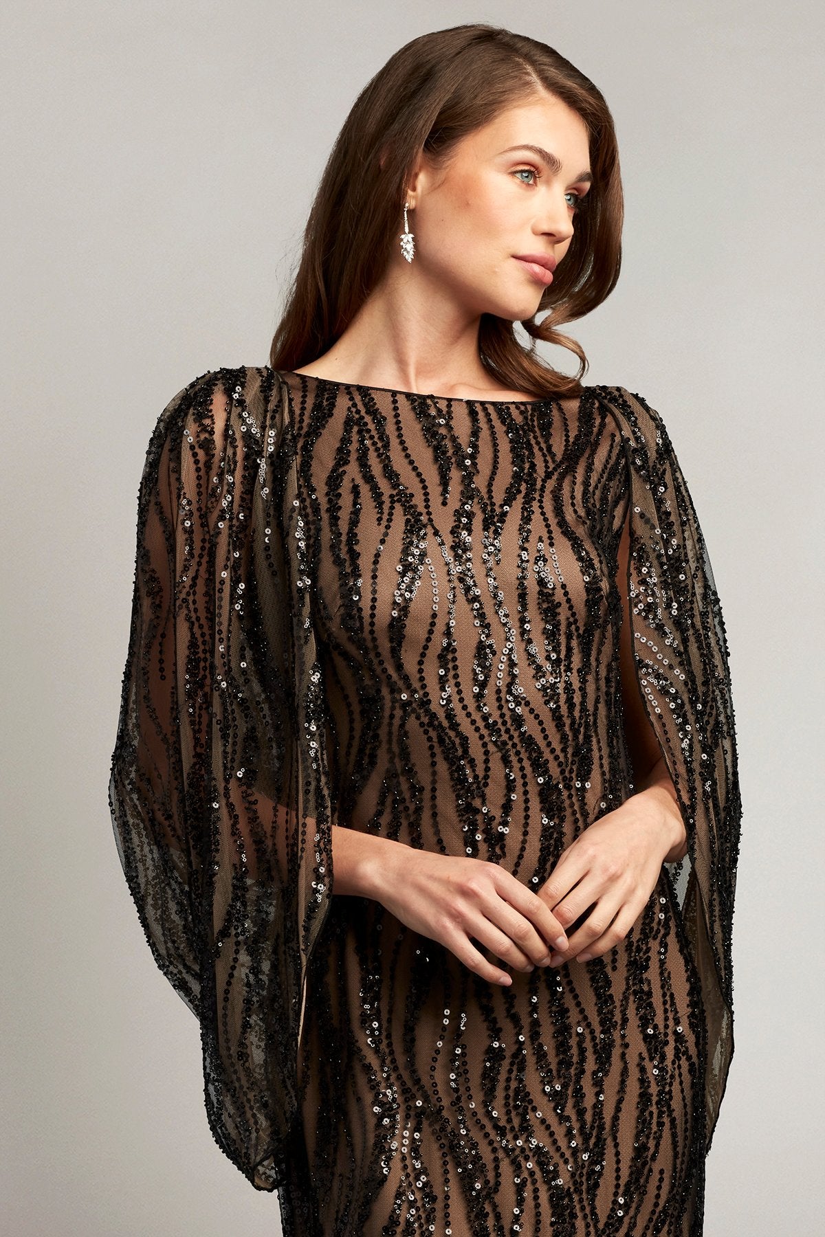 Barrow Draped Cape Sequin Gown