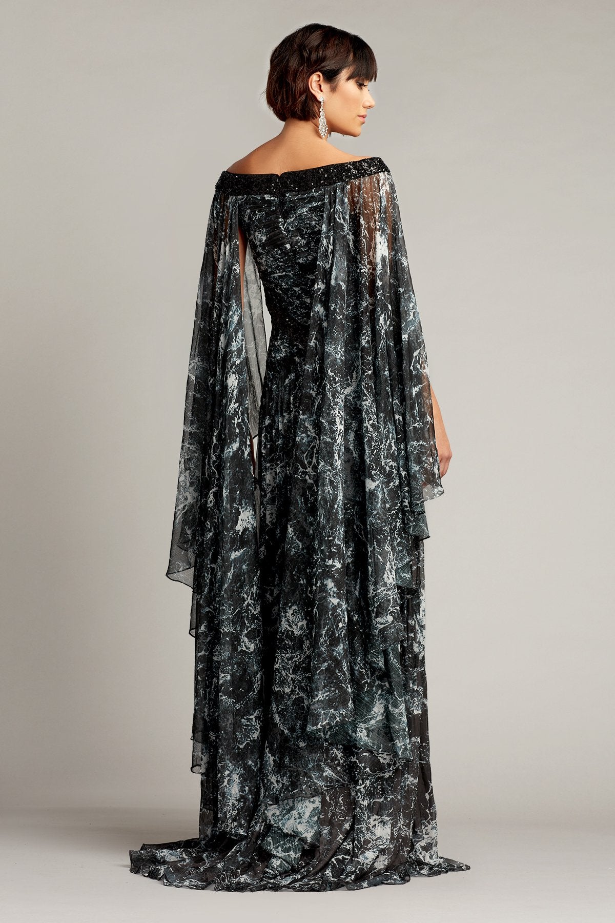 Lin Printed Chiffon Cape Sleeve Gown