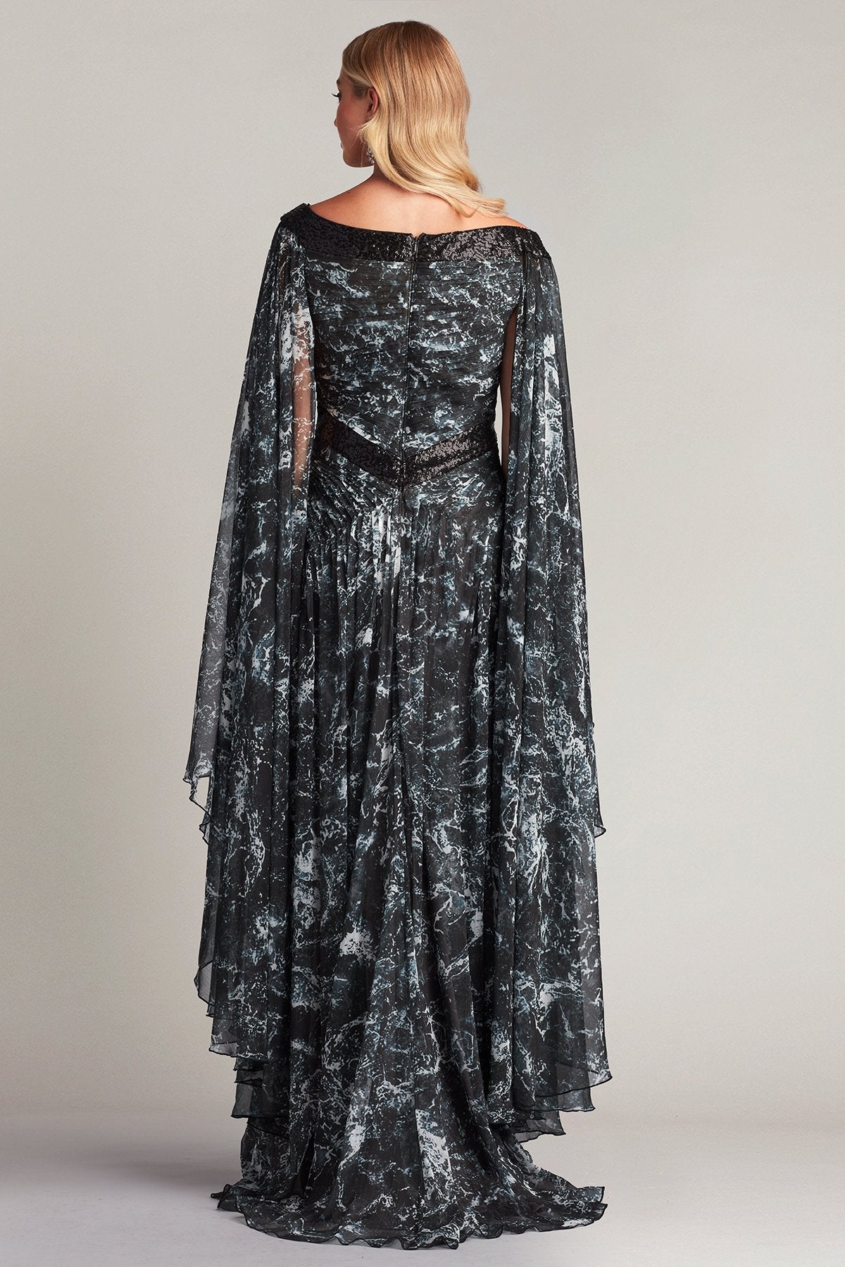 Lin Printed Chiffon Cape Sleeve Gown