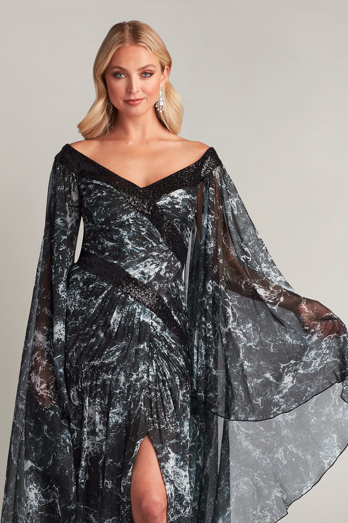 Lin Printed Chiffon Cape Sleeve Gown
